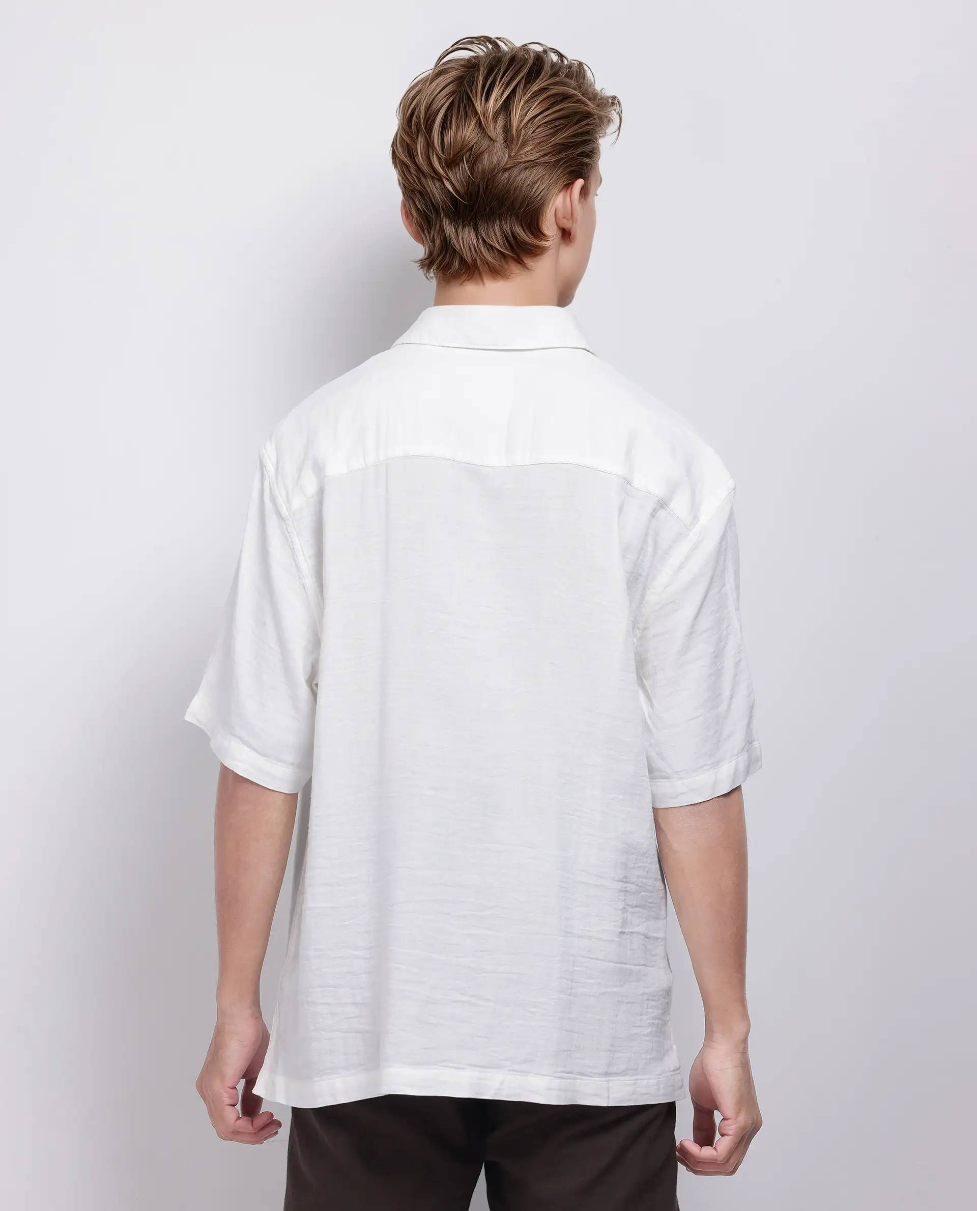 Rare Rabbit Men's Layerr Ss-25 White Cotton Blend Plain Boxy Fit Half Sleeve Collared Shirt - Image 5