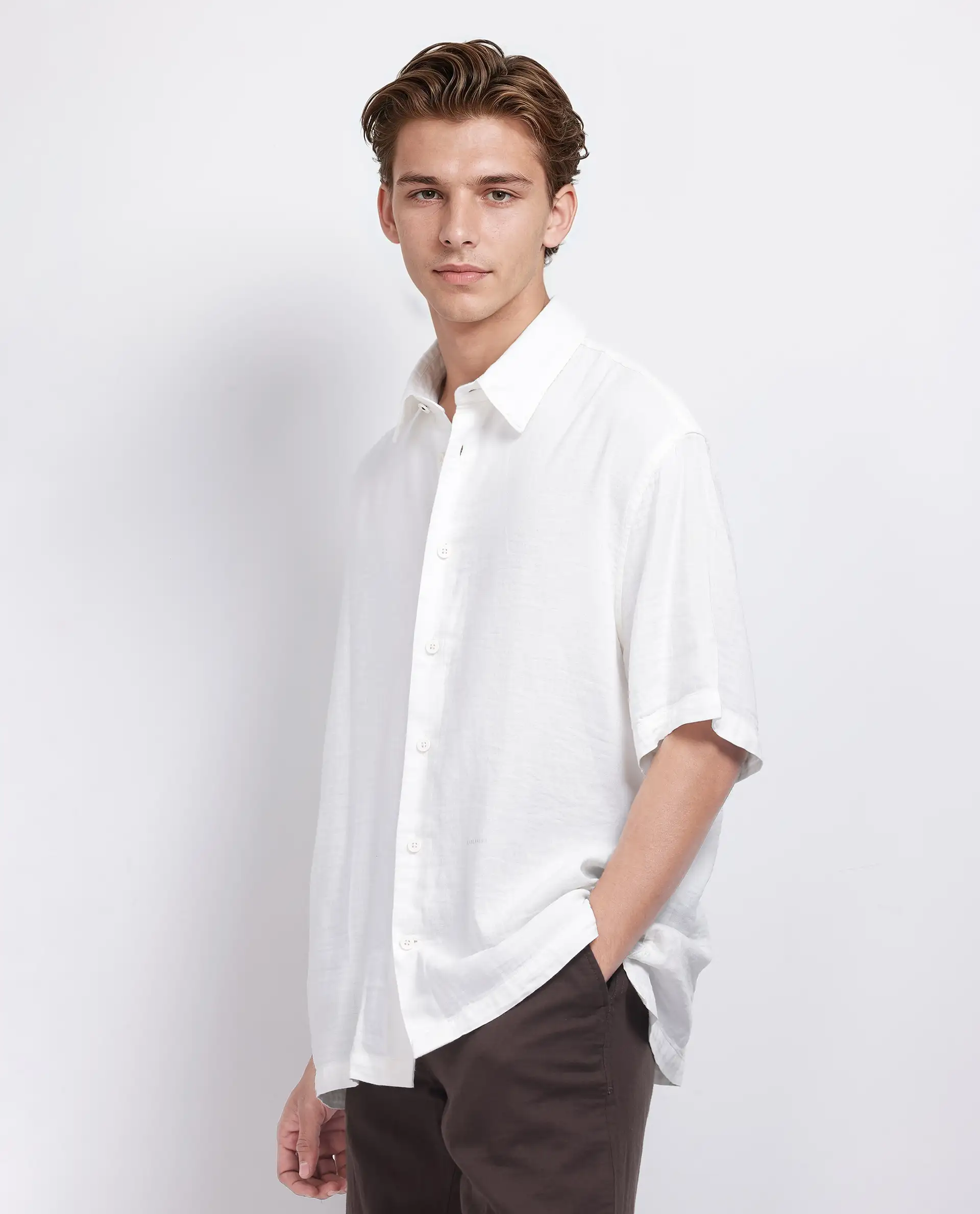 Rare Rabbit Men's Layerr Ss-25 White Cotton Blend Plain Boxy Fit Half Sleeve Collared Shirt - Image 6