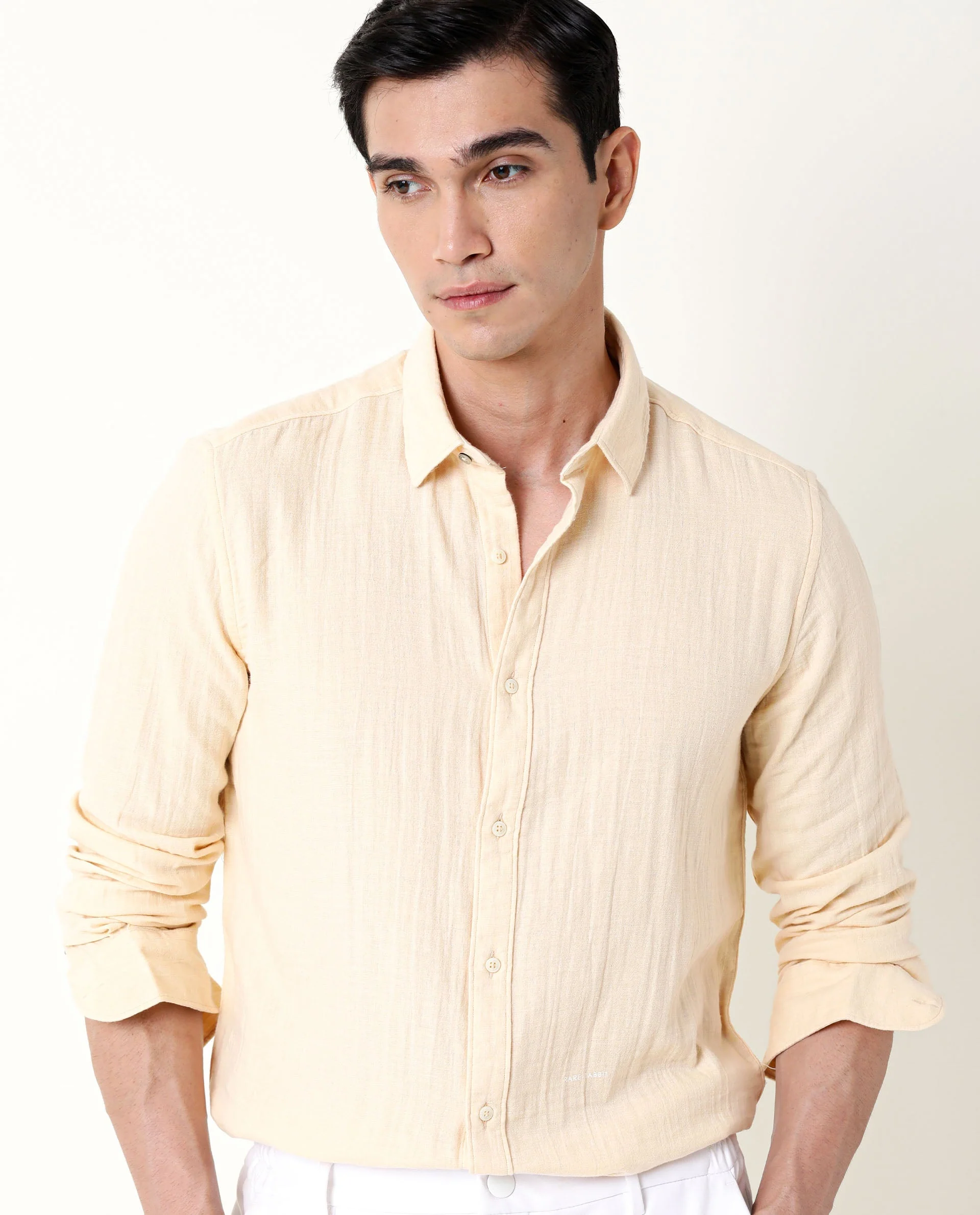 Rare Rabbit Men's Layers Beige Cotton Plain Regular Fit Full Sleeve Collared Shirt