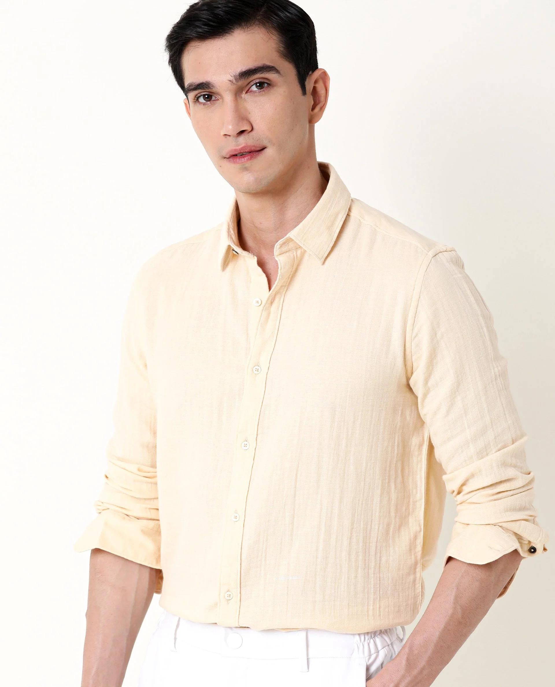 Rare Rabbit Men's Layers Beige Cotton Plain Regular Fit Full Sleeve Collared Shirt - Image 2