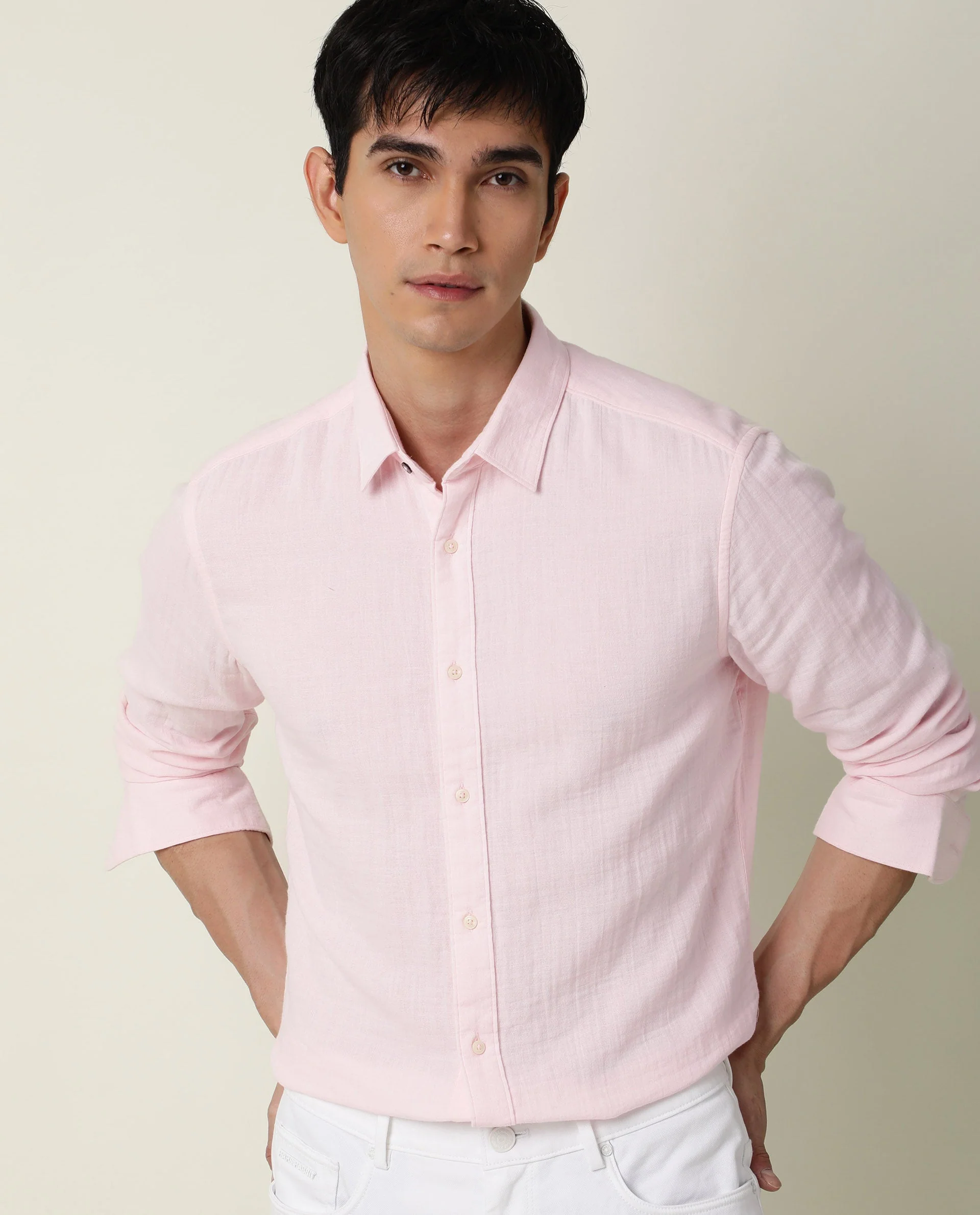 Rare Rabbit Men's Layers Pink Cotton Plain Regular Fit Full Sleeve Collared Shirt - Image 2