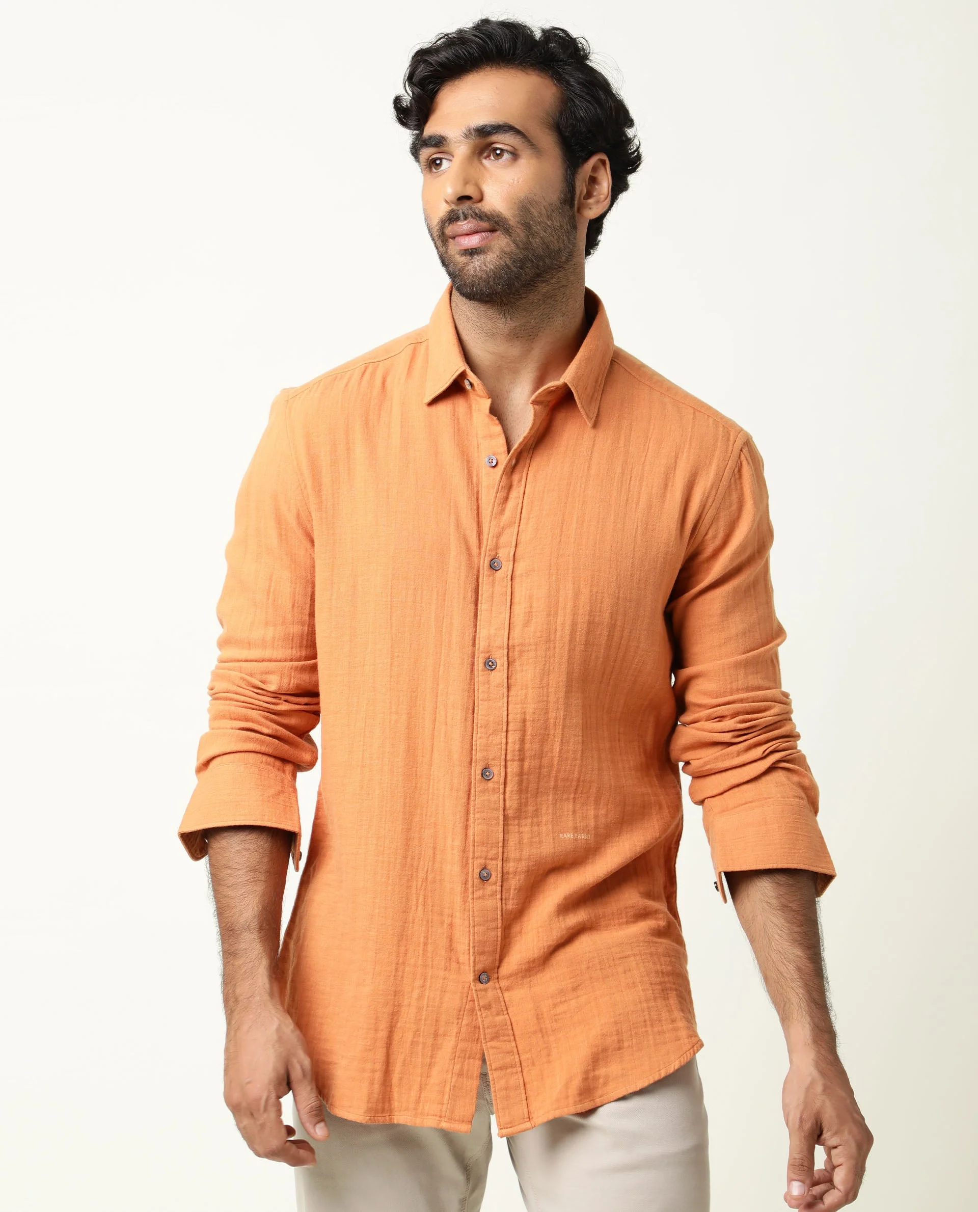 Rare Rabbit Men's Layers Rust Cotton Plain Regular Fit Full Sleeve Collared Shirt - Image 6