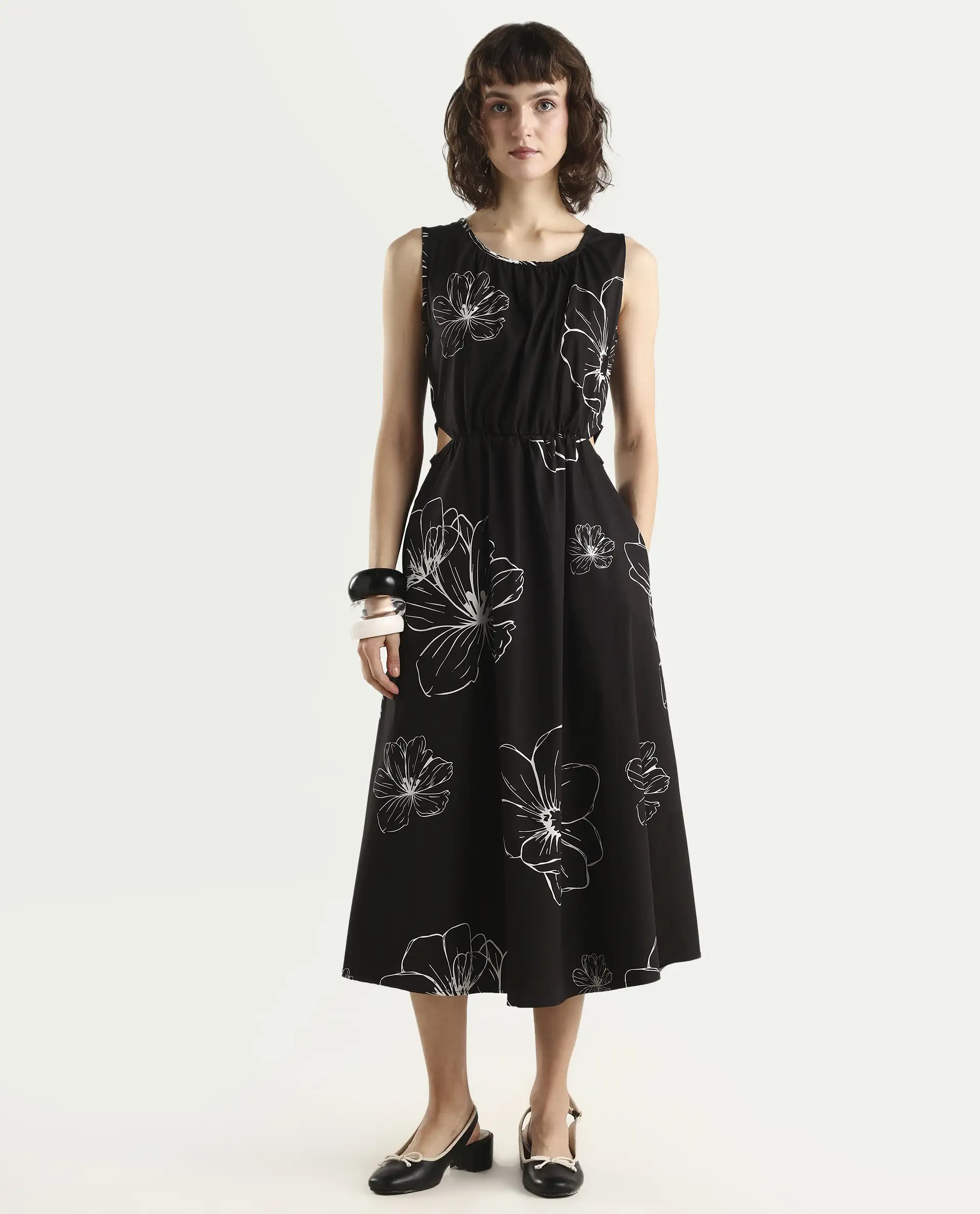 Rareism Women's Layla Brown Cotton Blend Crew Neck Floral Print Sleeveless Midi Fit And Flare Dress - Image 3