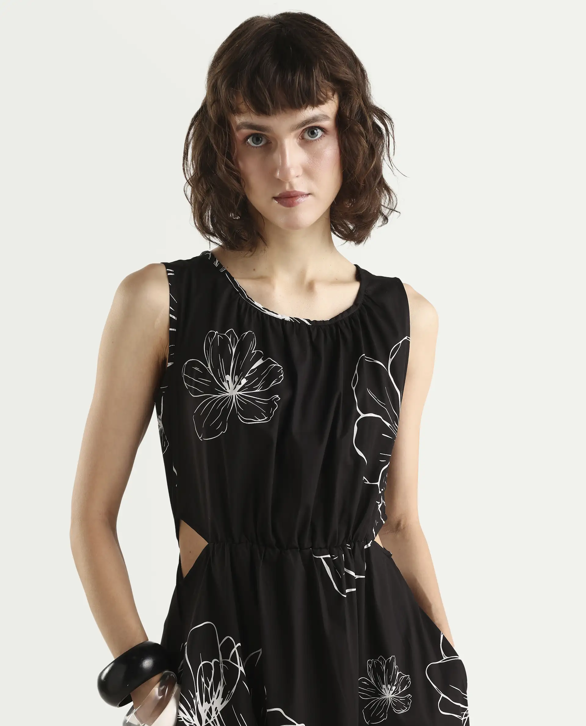 Rareism Women's Layla Brown Cotton Blend Crew Neck Floral Print Sleeveless Midi Fit And Flare Dress - Image 4