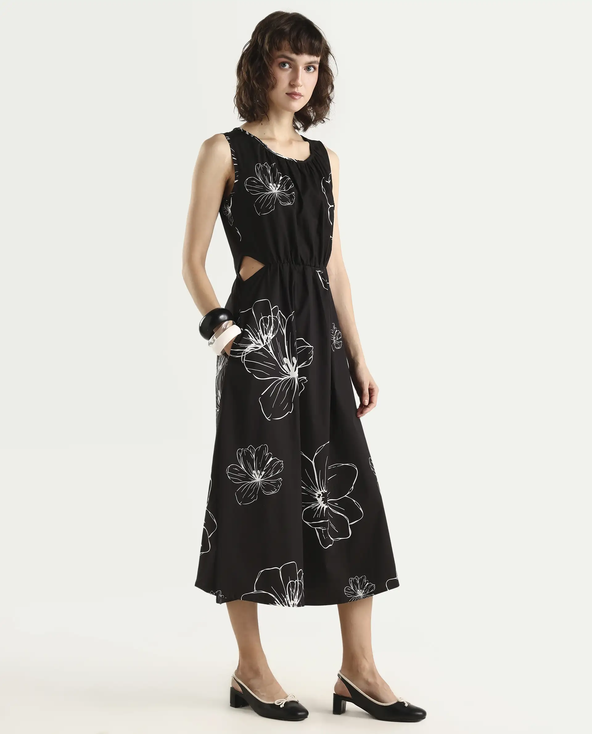 Rareism Women's Layla Brown Cotton Blend Crew Neck Floral Print Sleeveless Midi Fit And Flare Dress - Image 5