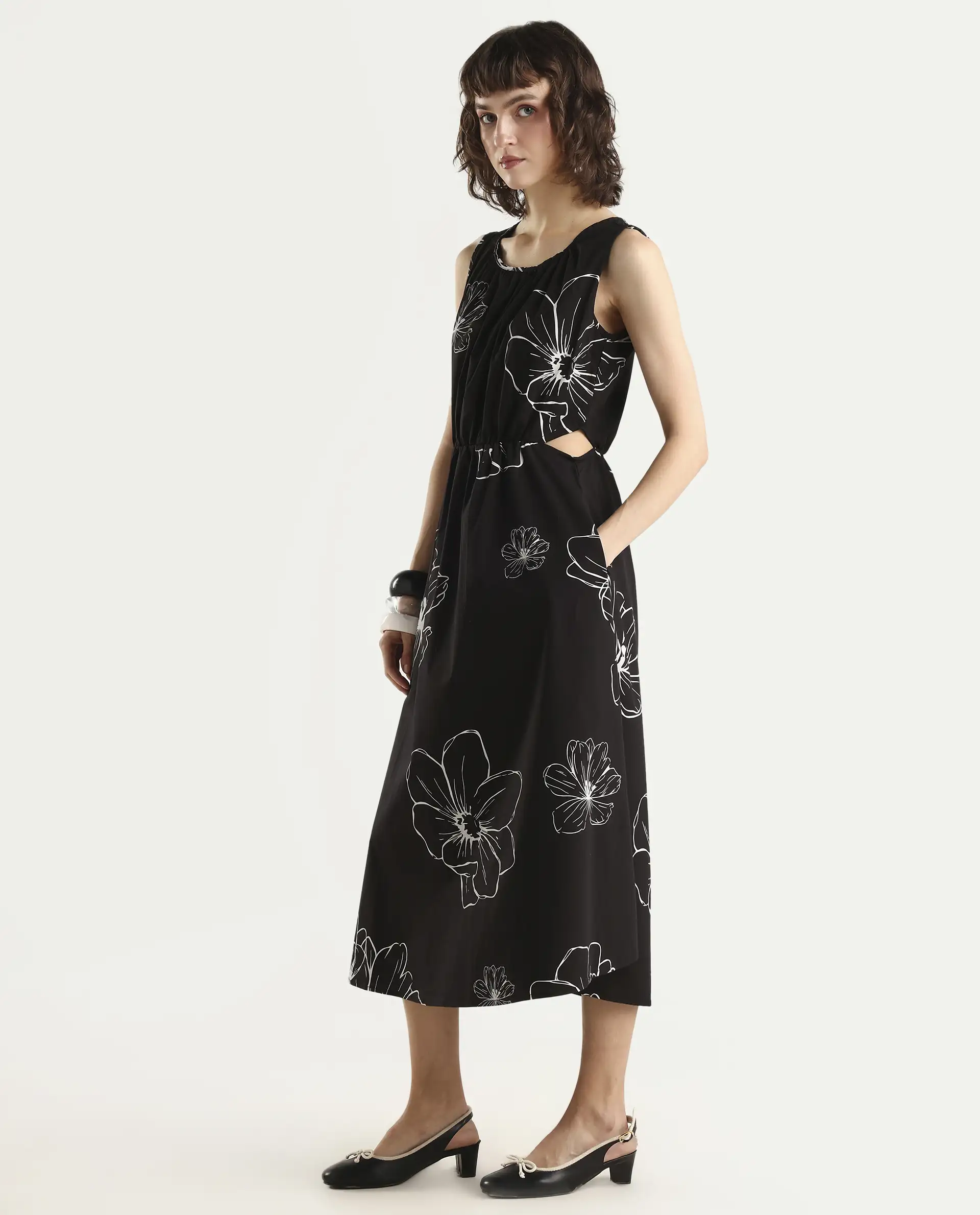 Rareism Women's Layla Brown Cotton Blend Crew Neck Floral Print Sleeveless Midi Fit And Flare Dress - Image 6