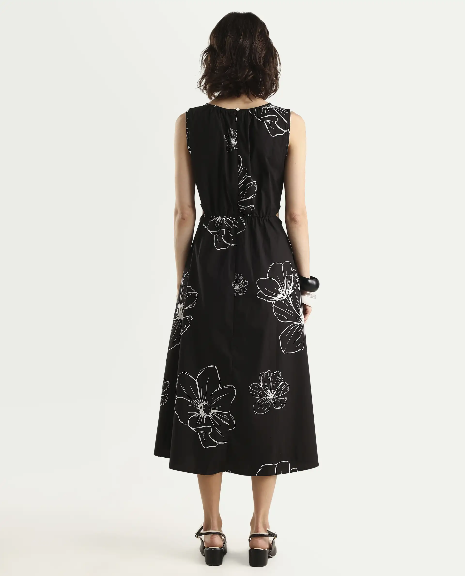 Rareism Women's Layla Brown Cotton Blend Crew Neck Floral Print Sleeveless Midi Fit And Flare Dress - Image 7