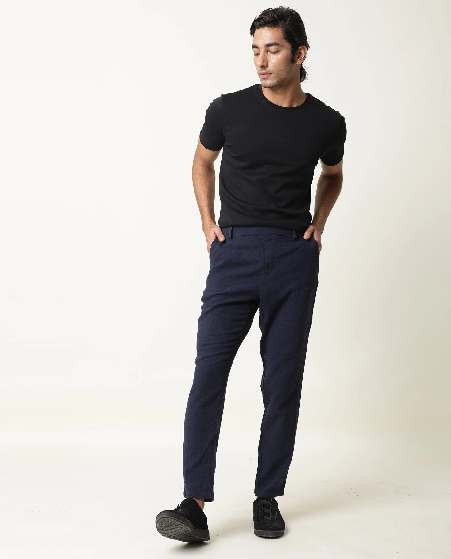 Rare Rabbit Men's Layred Navy Cotton Plain Slim Fit Trouser
