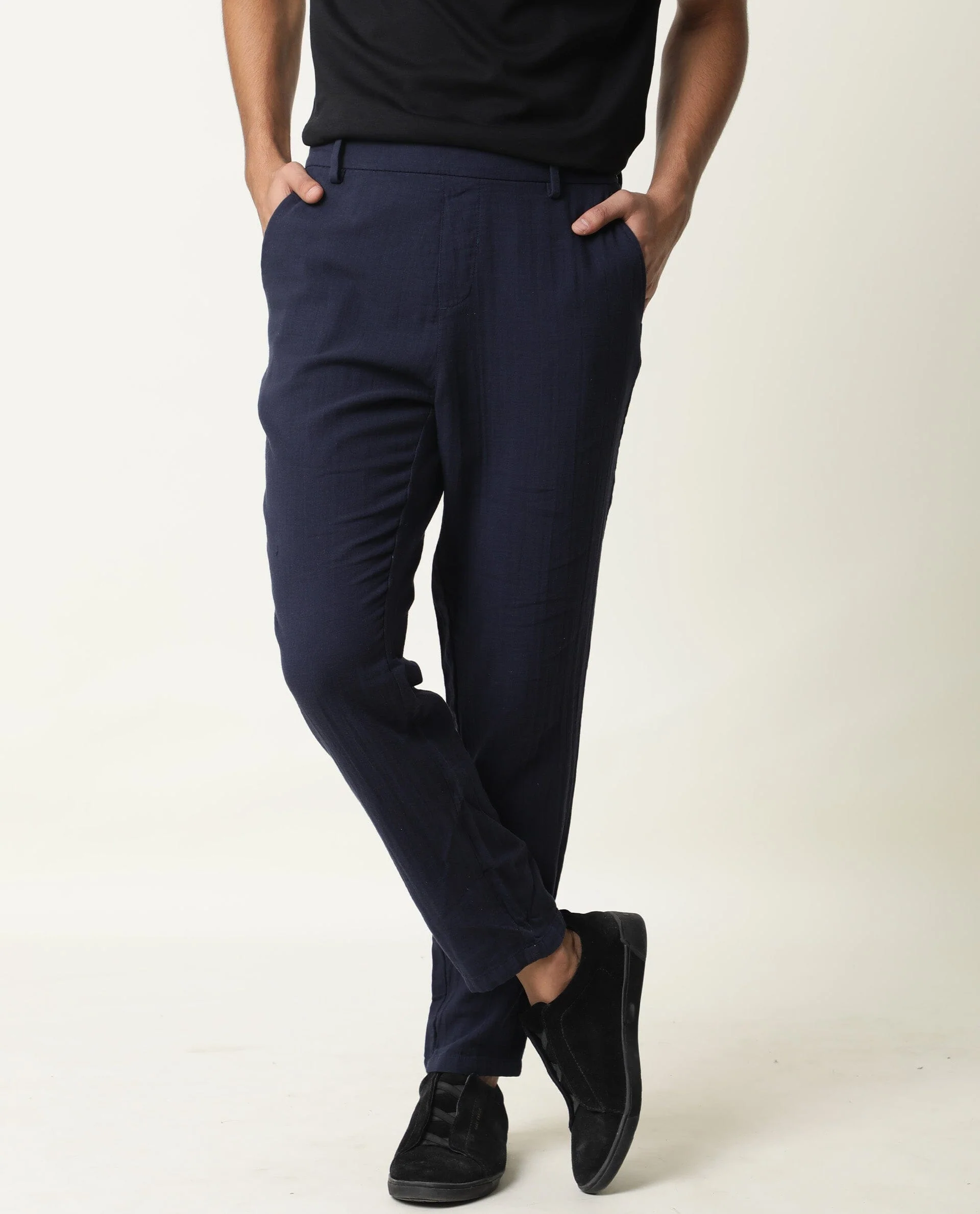 Rare Rabbit Men's Layred Navy Cotton Plain Slim Fit Trouser - Image 2