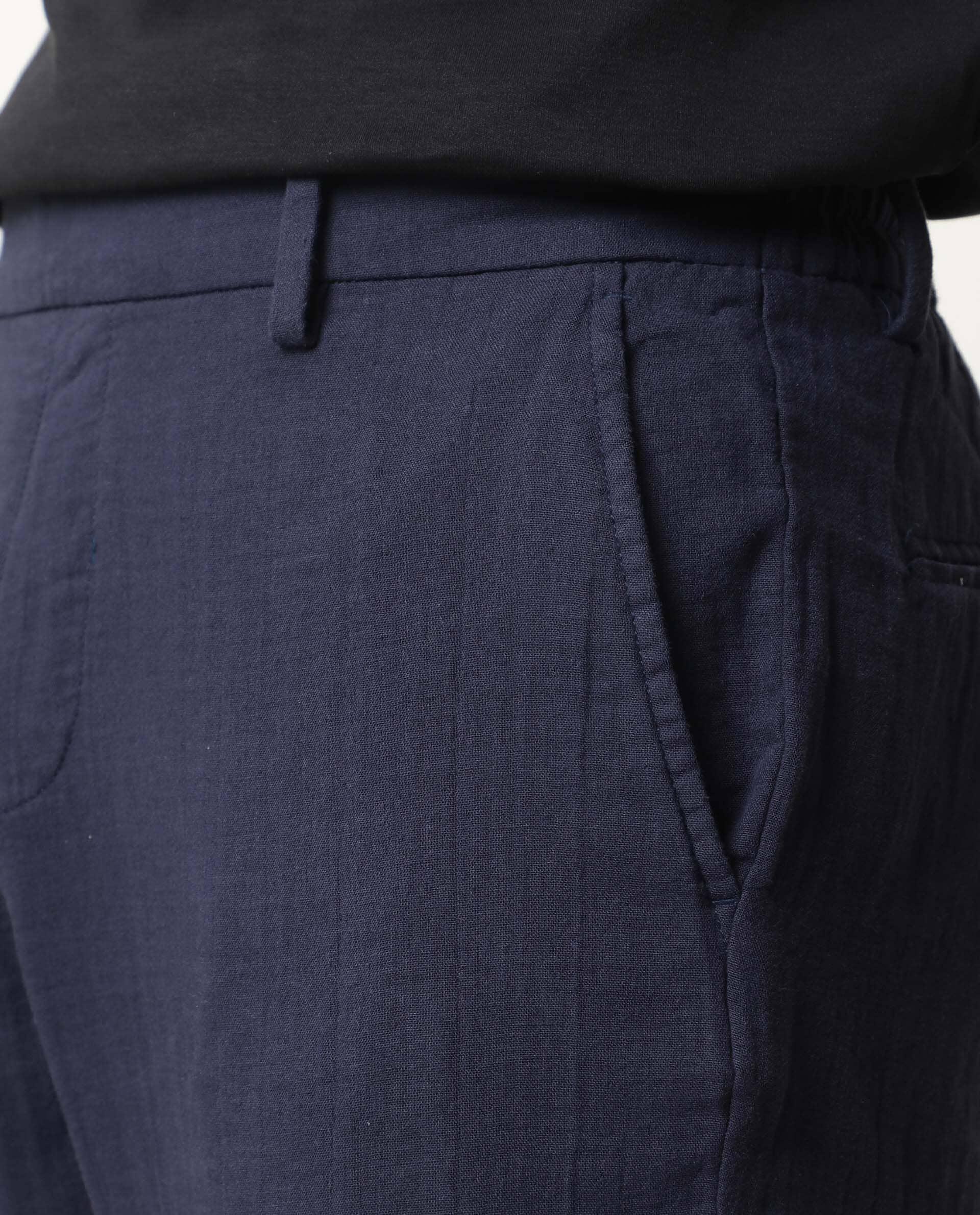Rare Rabbit Men's Layred Navy Cotton Plain Slim Fit Trouser - Image 3