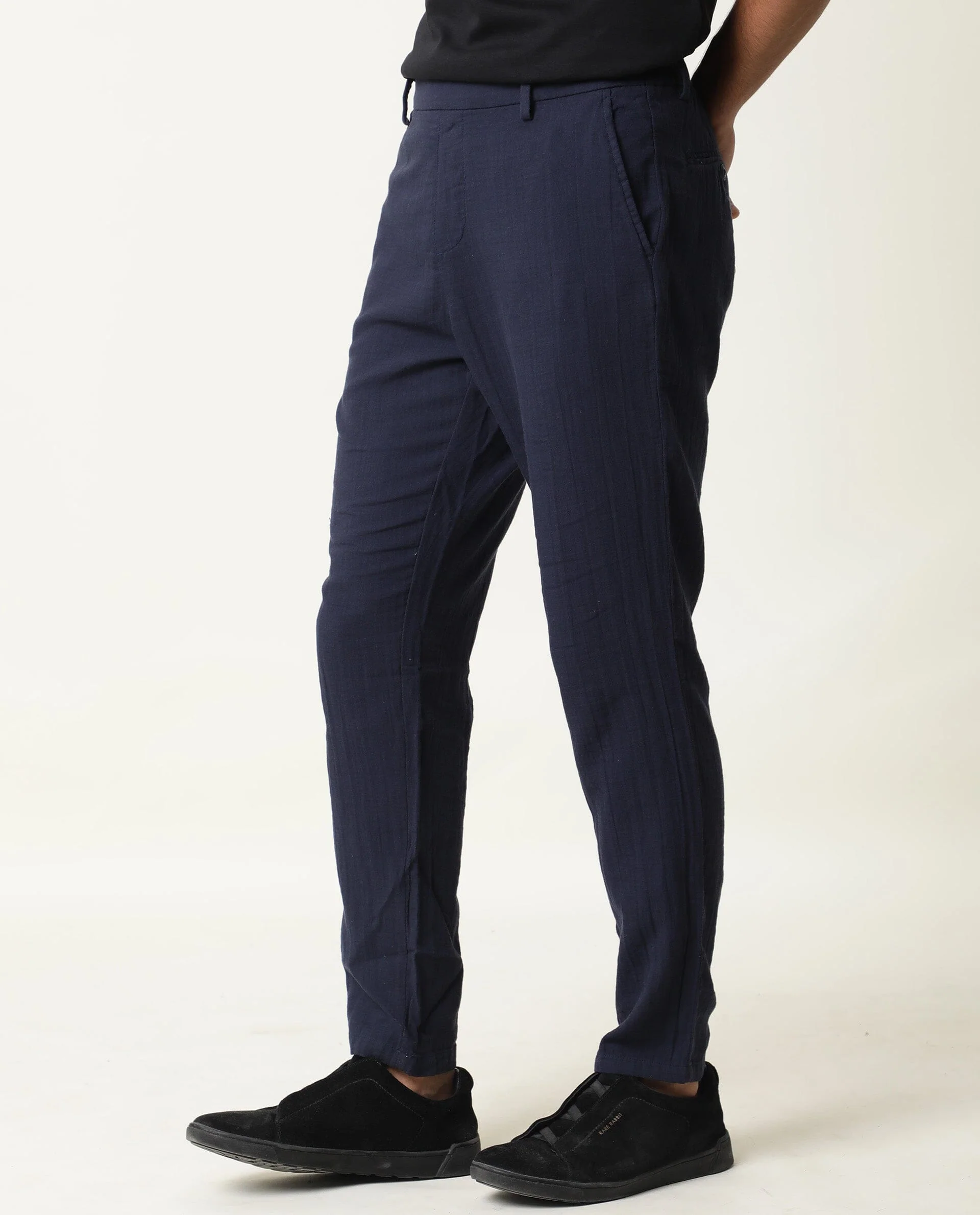 Rare Rabbit Men's Layred Navy Cotton Plain Slim Fit Trouser - Image 4