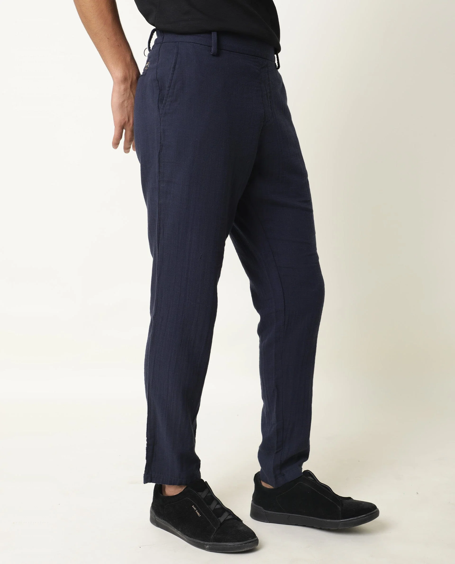 Rare Rabbit Men's Layred Navy Cotton Plain Slim Fit Trouser - Image 5