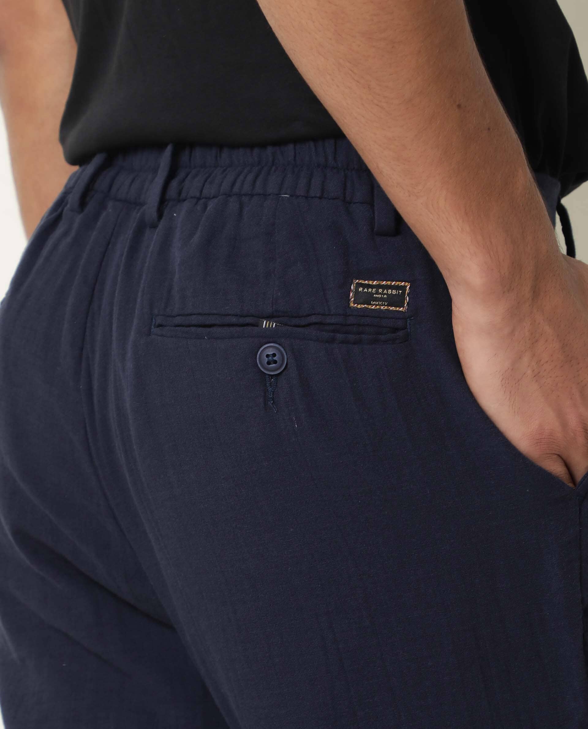 Rare Rabbit Men's Layred Navy Cotton Plain Slim Fit Trouser - Image 6