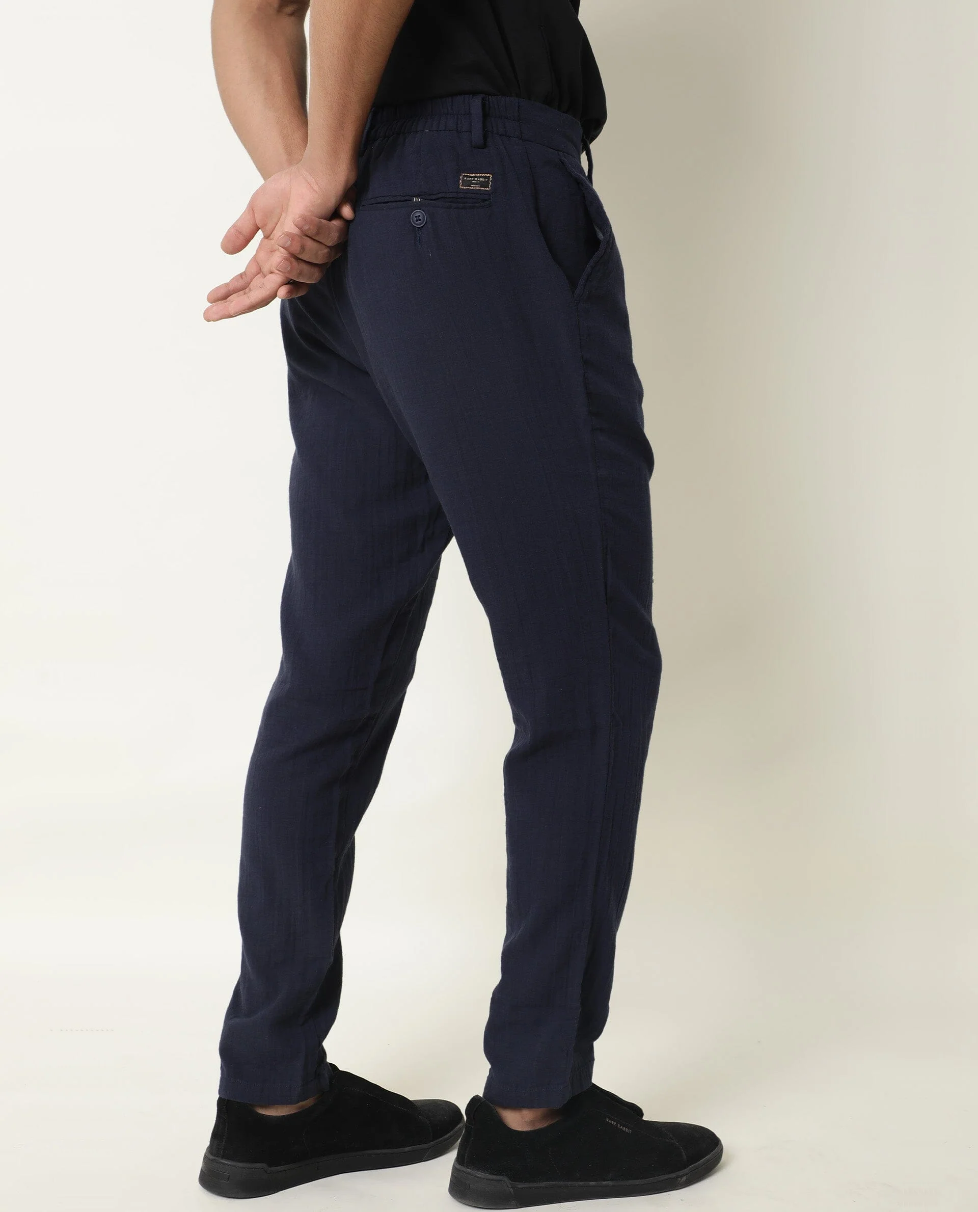 Rare Rabbit Men's Layred Navy Cotton Plain Slim Fit Trouser - Image 7