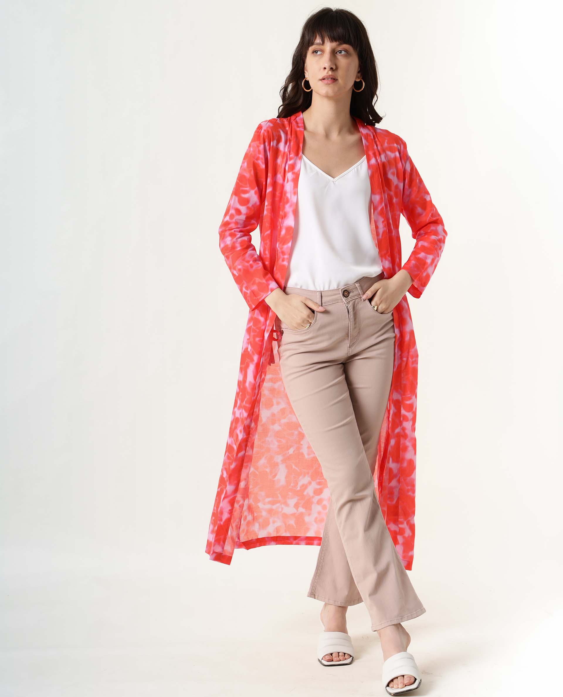 Rareism Women's Lays Red Cotton Collarless Regular Fit Outer Wear