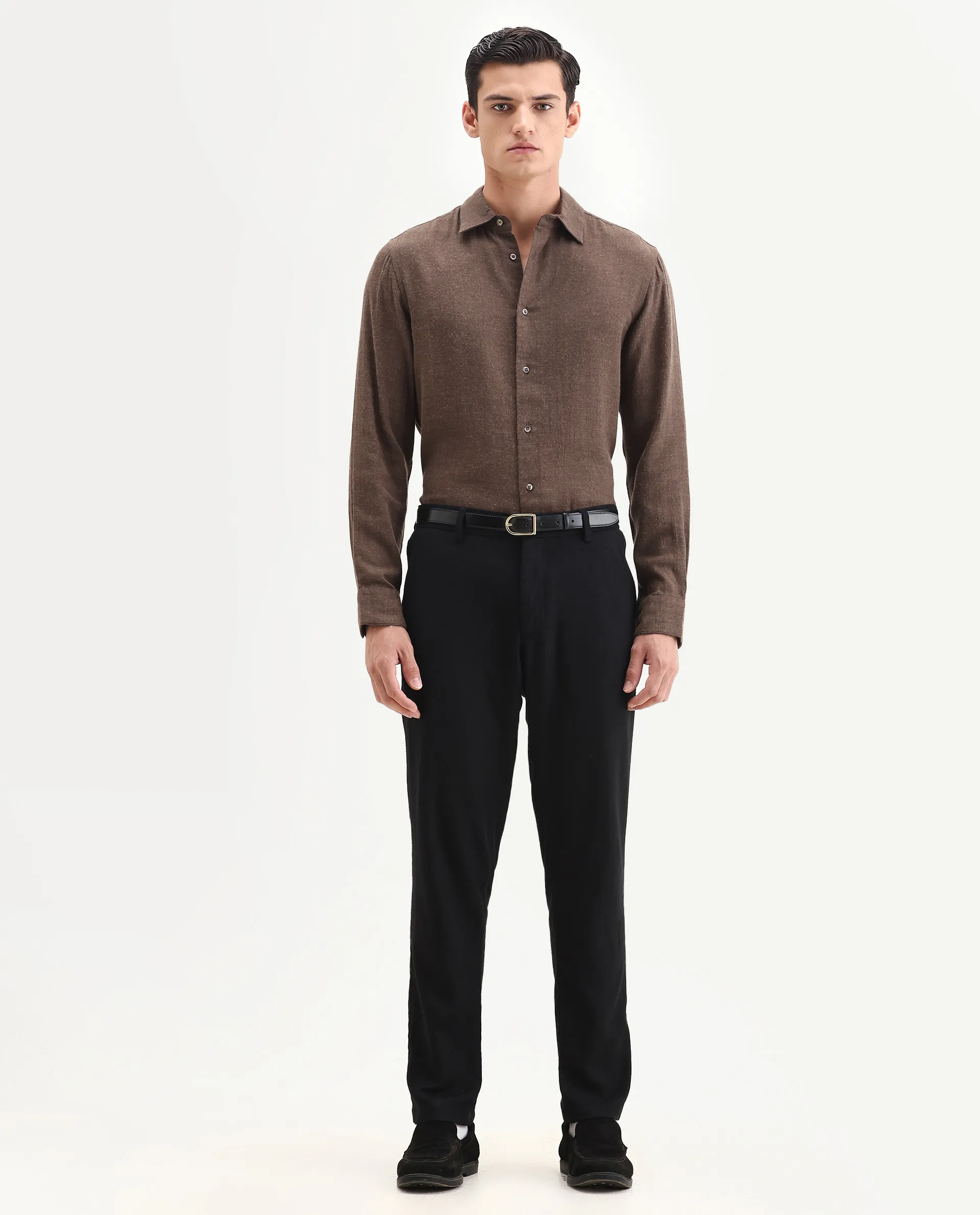 Rare Rabbit Men's Layt Dark Brown Cotton Blend Fabric Spread Collar Regular Fit Plain Shirt - Image 2