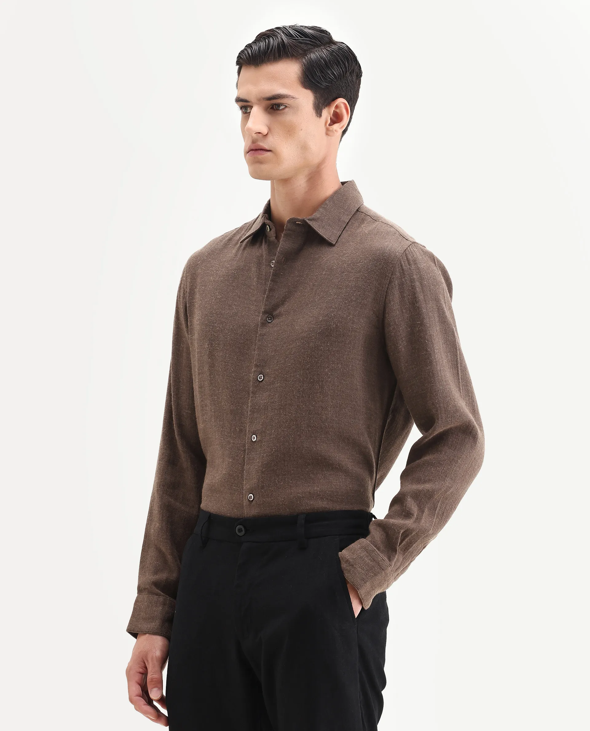 Rare Rabbit Men's Layt Dark Brown Cotton Blend Fabric Spread Collar Regular Fit Plain Shirt - Image 4