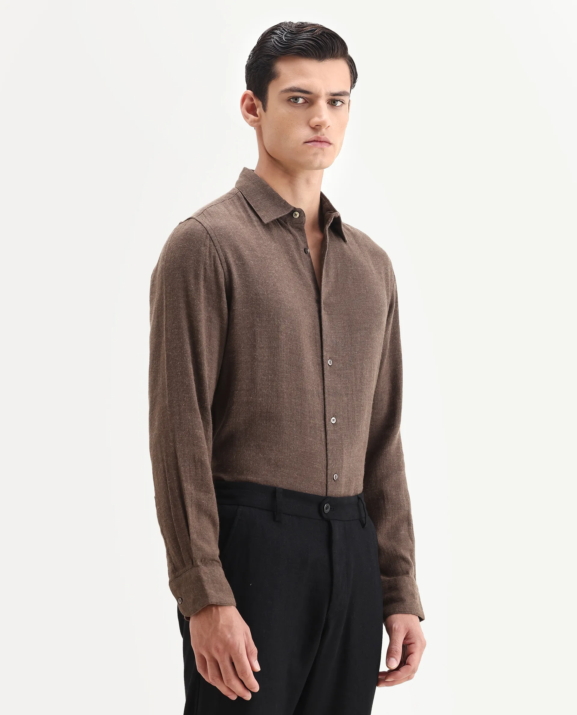 Rare Rabbit Men's Layt Dark Brown Cotton Blend Fabric Spread Collar Regular Fit Plain Shirt - Image 5