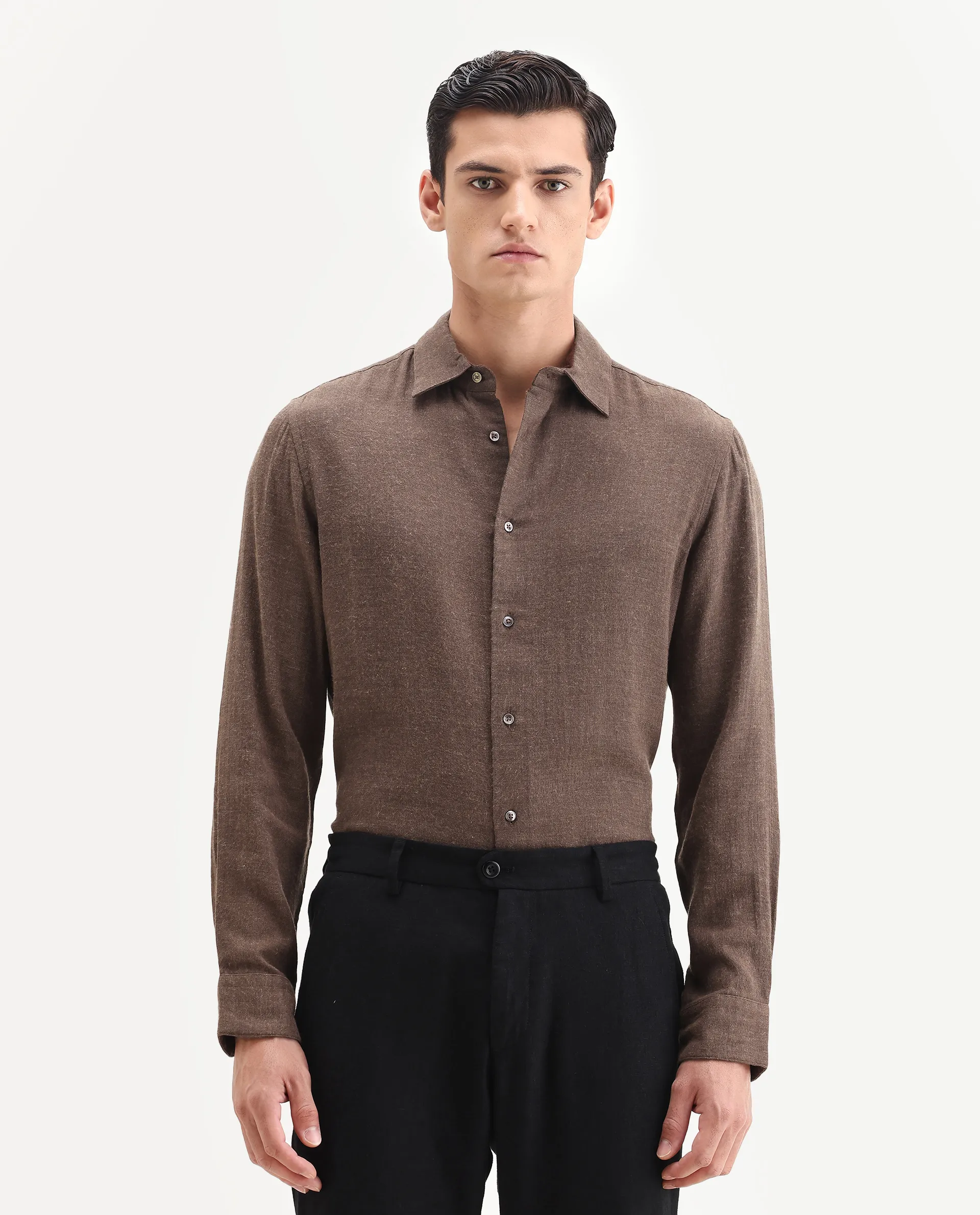 Rare Rabbit Men's Layt Dark Brown Cotton Blend Fabric Spread Collar Regular Fit Plain Shirt - Image 6