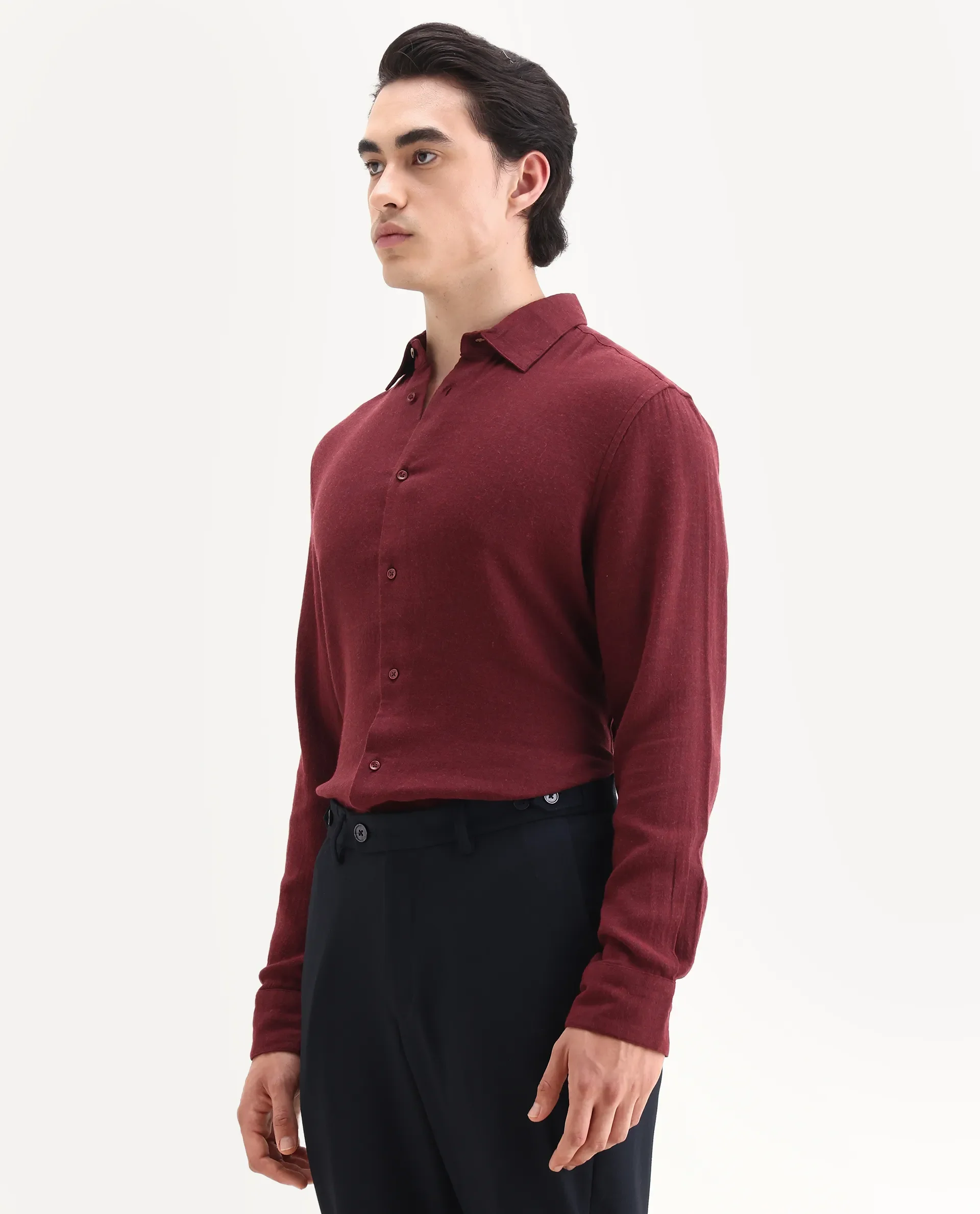 Rare Rabbit Men's Layt Red Cotton Blend Fabric Spread Collar Regular Fit Plain Shirt - Image 5