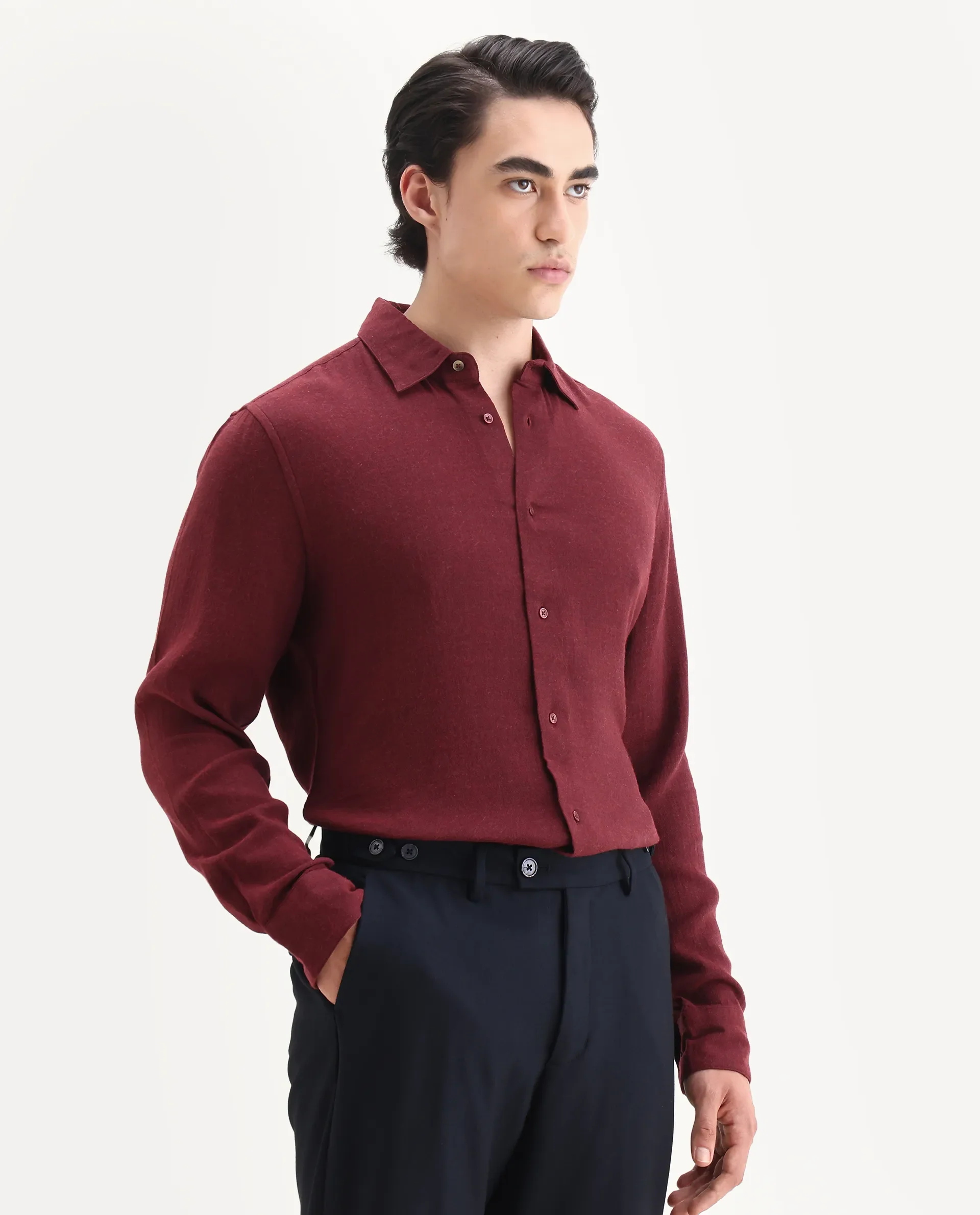 Rare Rabbit Men's Layt Red Cotton Blend Fabric Spread Collar Regular Fit Plain Shirt - Image 6