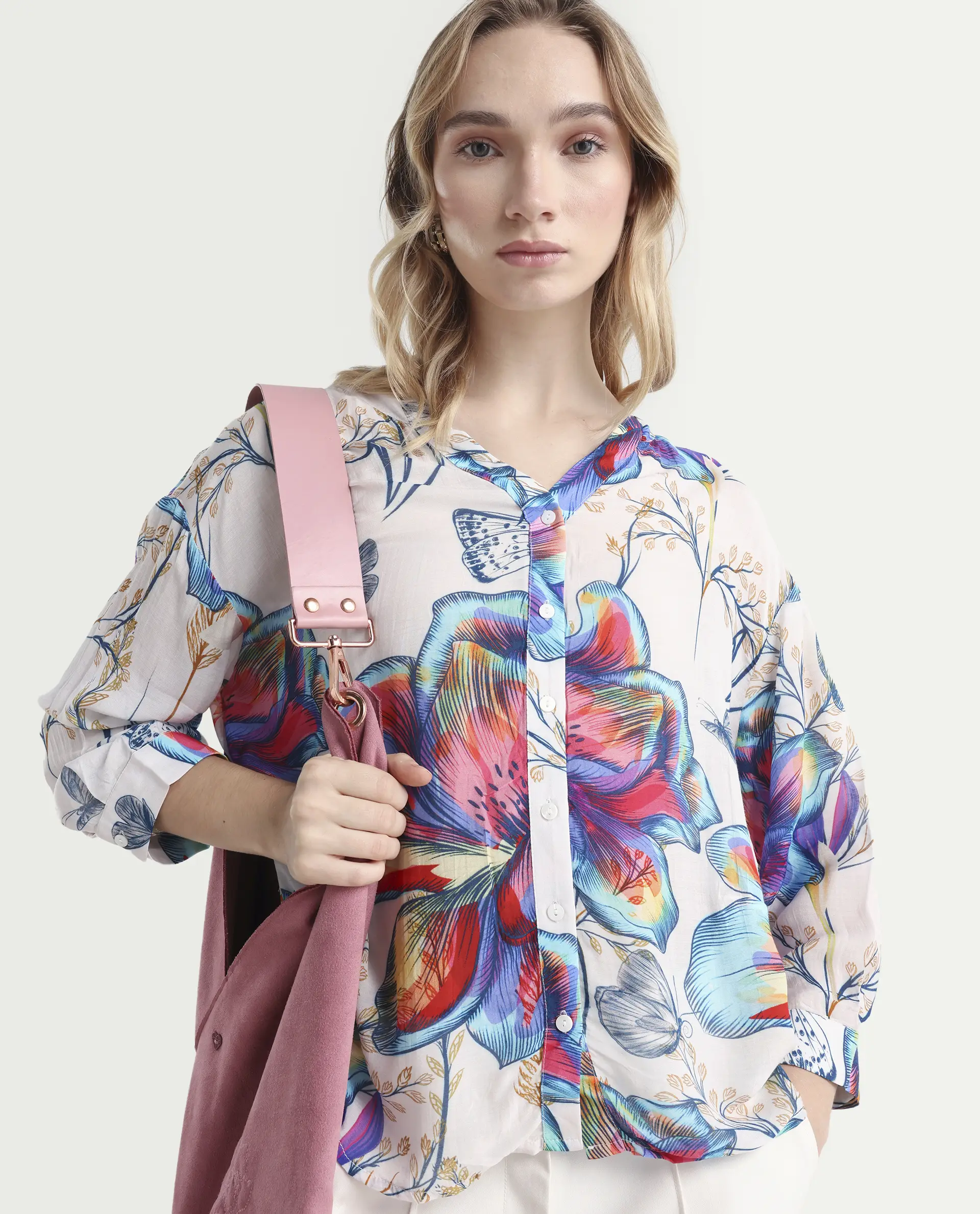 Rareism Women's Layton Multi Rayon Mandarin Collar Floral Print Cuffed Sleeve Relaxed Fit Top