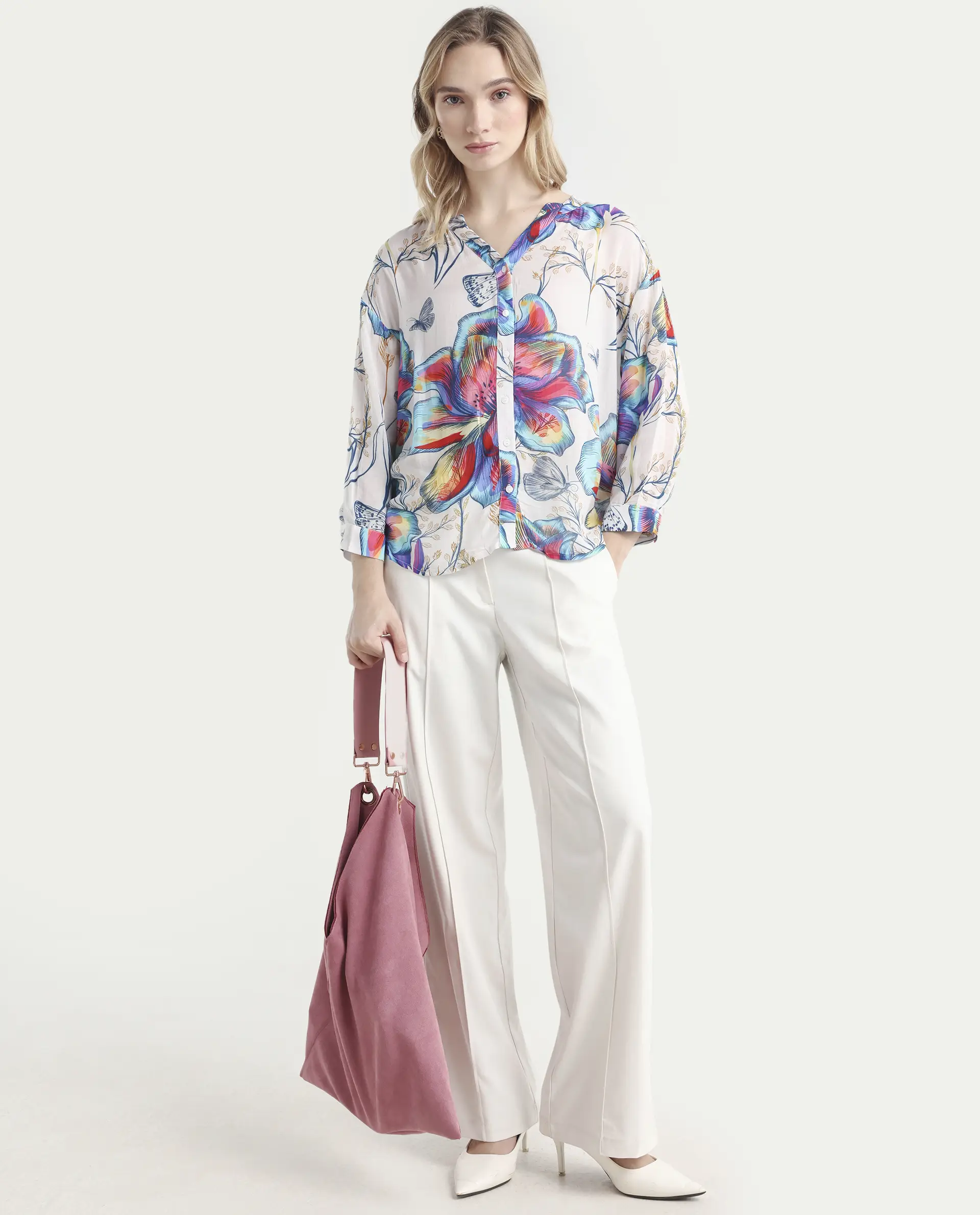 Rareism Women's Layton Multi Rayon Mandarin Collar Floral Print Cuffed Sleeve Relaxed Fit Top - Image 2
