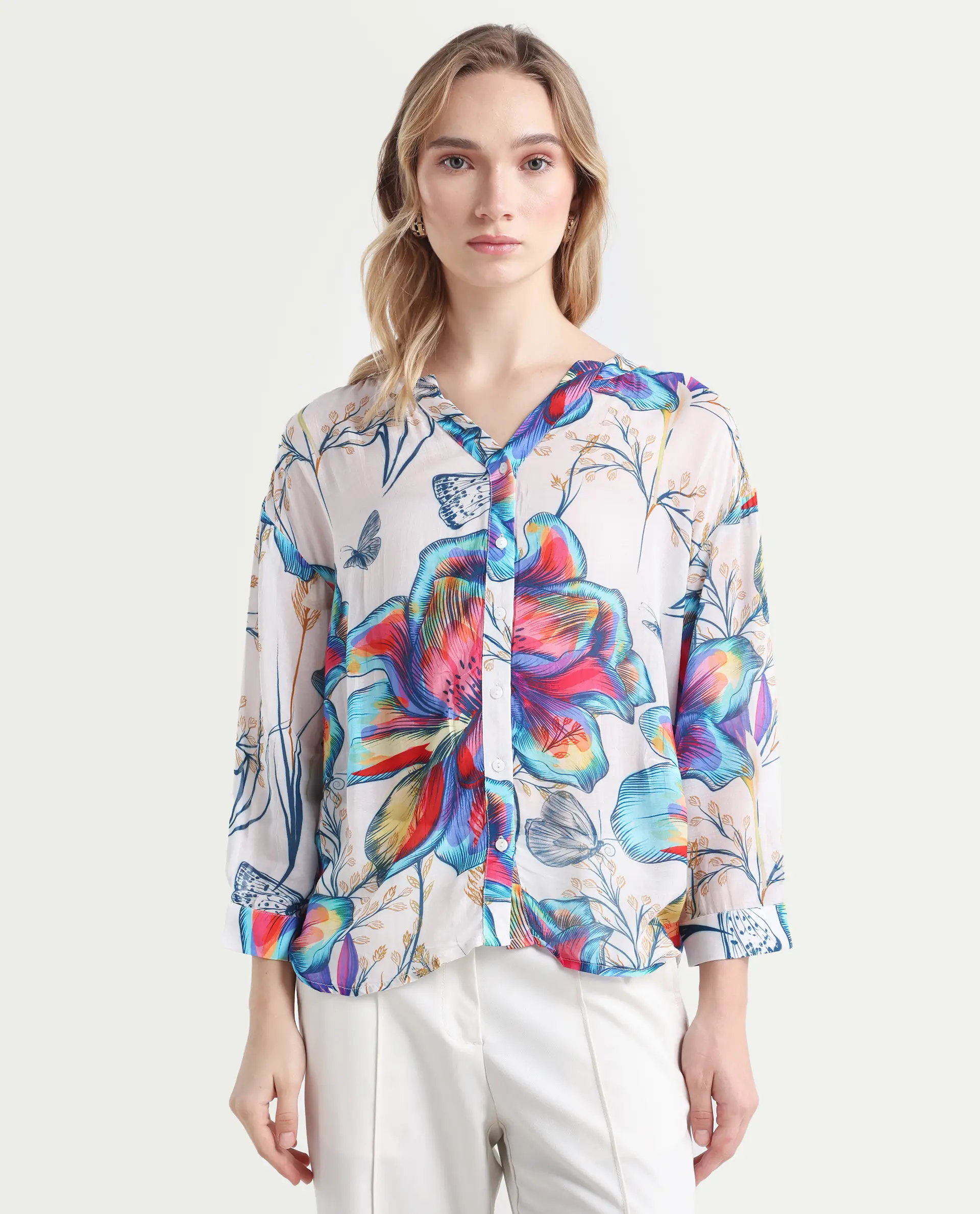 Rareism Women's Layton Multi Rayon Mandarin Collar Floral Print Cuffed Sleeve Relaxed Fit Top - Image 3