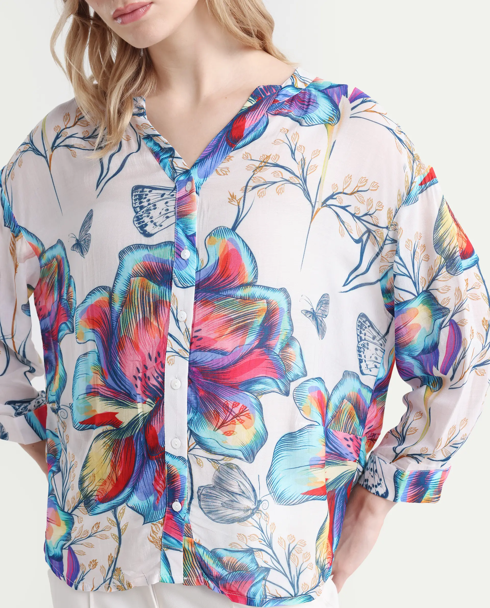 Rareism Women's Layton Multi Rayon Mandarin Collar Floral Print Cuffed Sleeve Relaxed Fit Top - Image 4