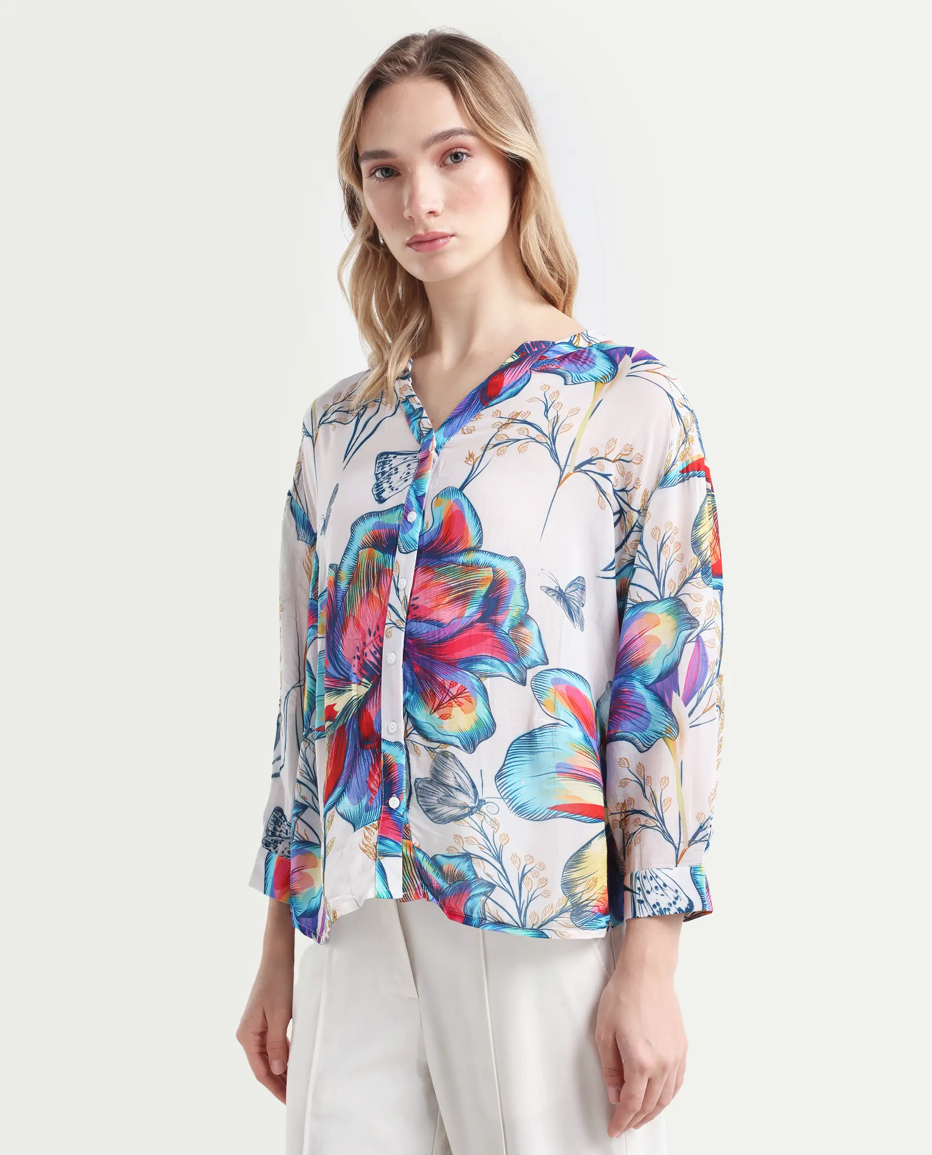 Rareism Women's Layton Multi Rayon Mandarin Collar Floral Print Cuffed Sleeve Relaxed Fit Top - Image 5