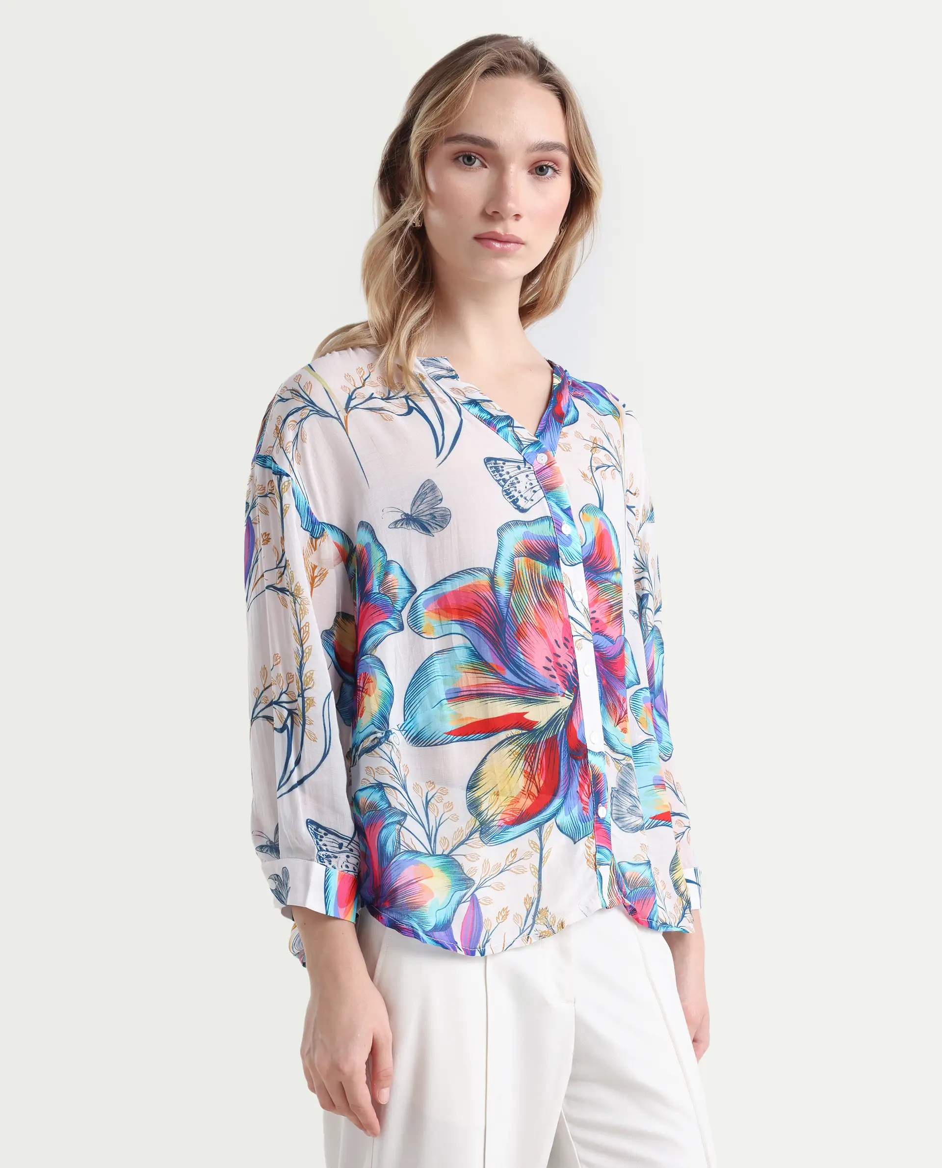 Rareism Women's Layton Multi Rayon Mandarin Collar Floral Print Cuffed Sleeve Relaxed Fit Top - Image 6