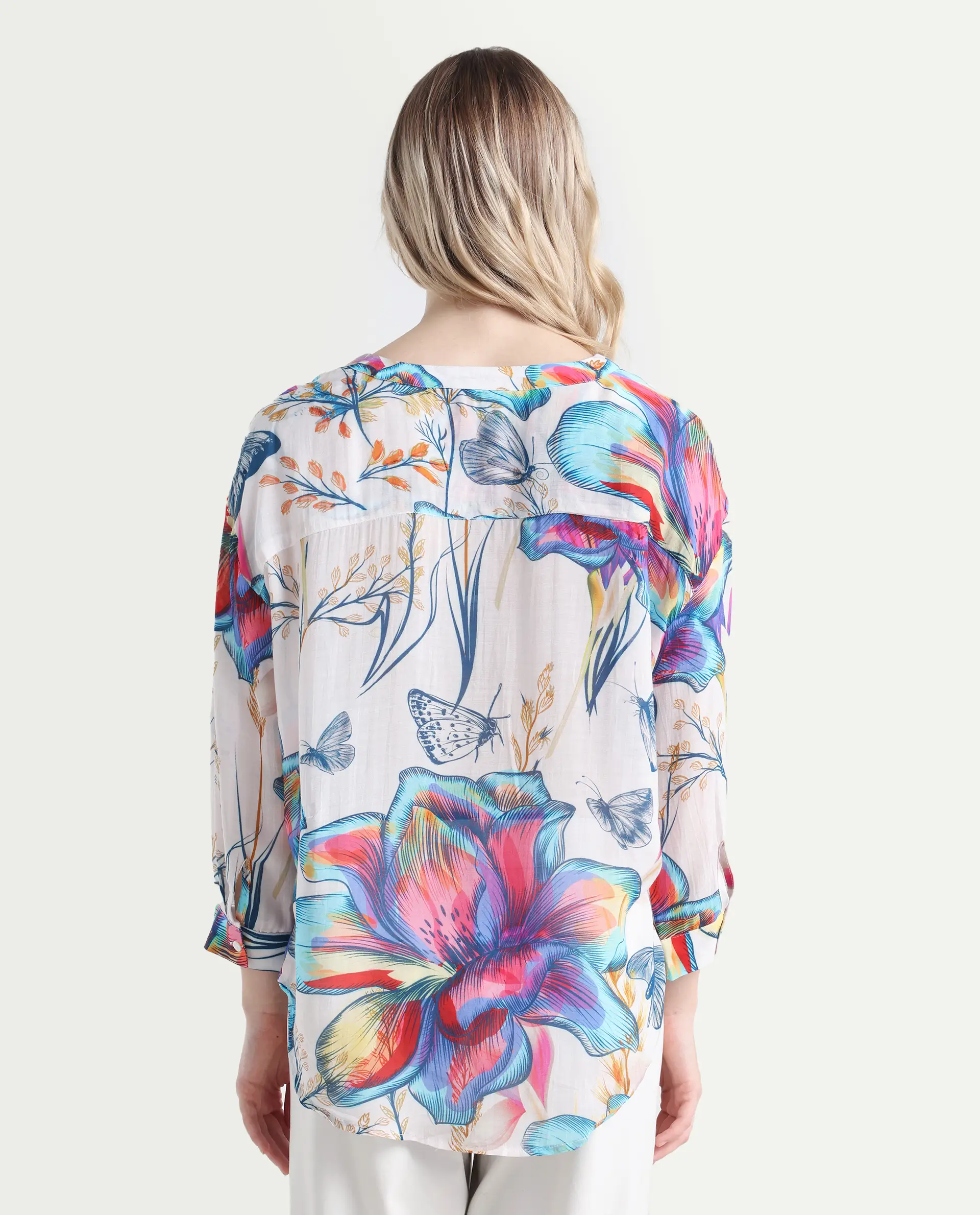 Rareism Women's Layton Multi Rayon Mandarin Collar Floral Print Cuffed Sleeve Relaxed Fit Top - Image 7
