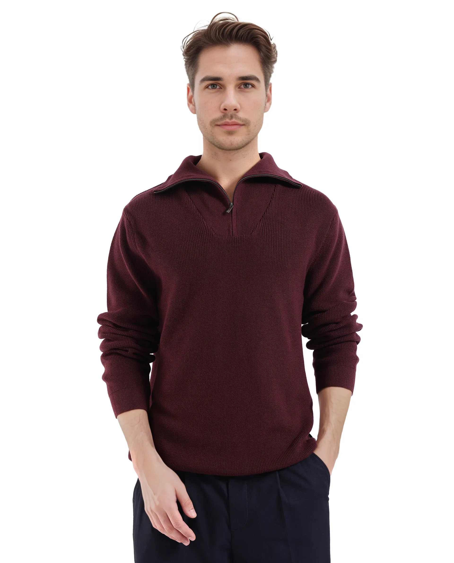 Rare Rabbit Men's Laz Brown Cotton Plain Regular Fit Full Sleeve High Neck Sweater - Image 2