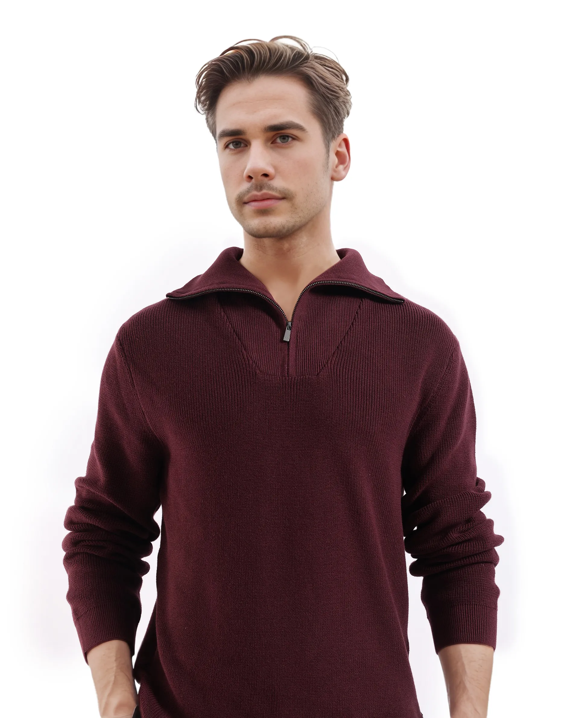 Rare Rabbit Men's Laz Brown Cotton Plain Regular Fit Full Sleeve High Neck Sweater - Image 8