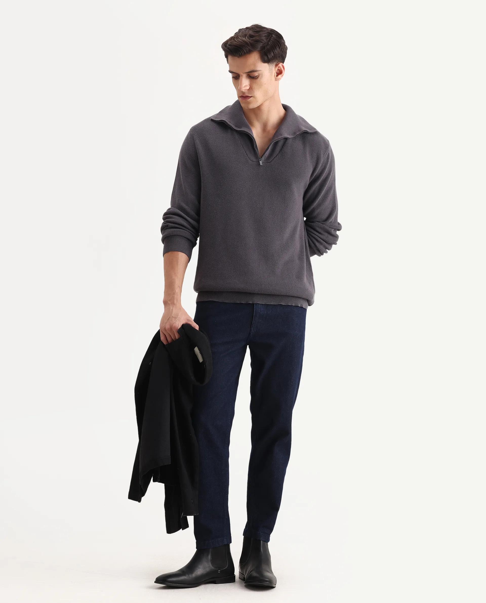Rare Rabbit Men's Laz Grey Cotton Plain Regular Fit Full Sleeve High Neck Sweater - Image 2