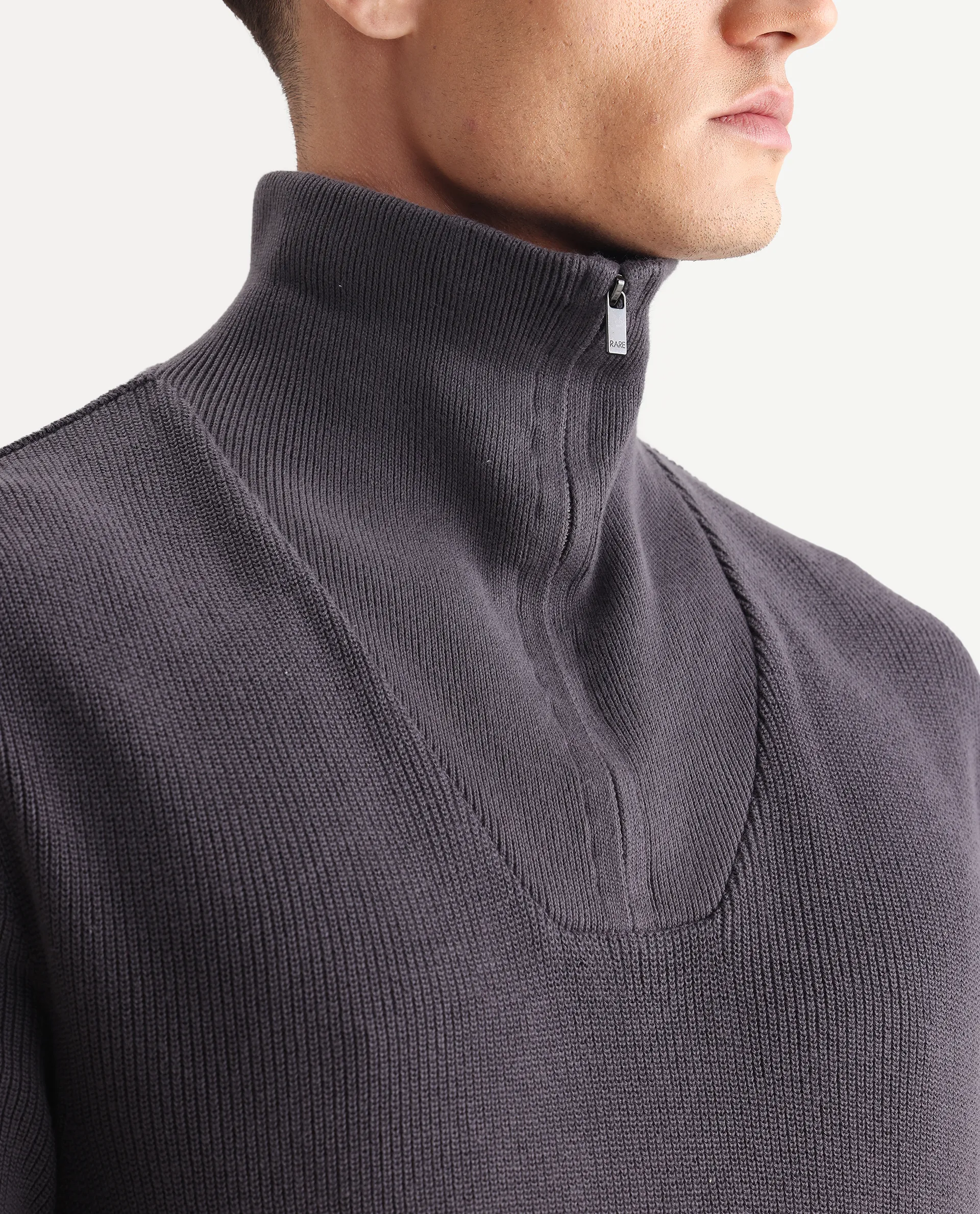 Rare Rabbit Men's Laz Grey Cotton Plain Regular Fit Full Sleeve High Neck Sweater - Image 3