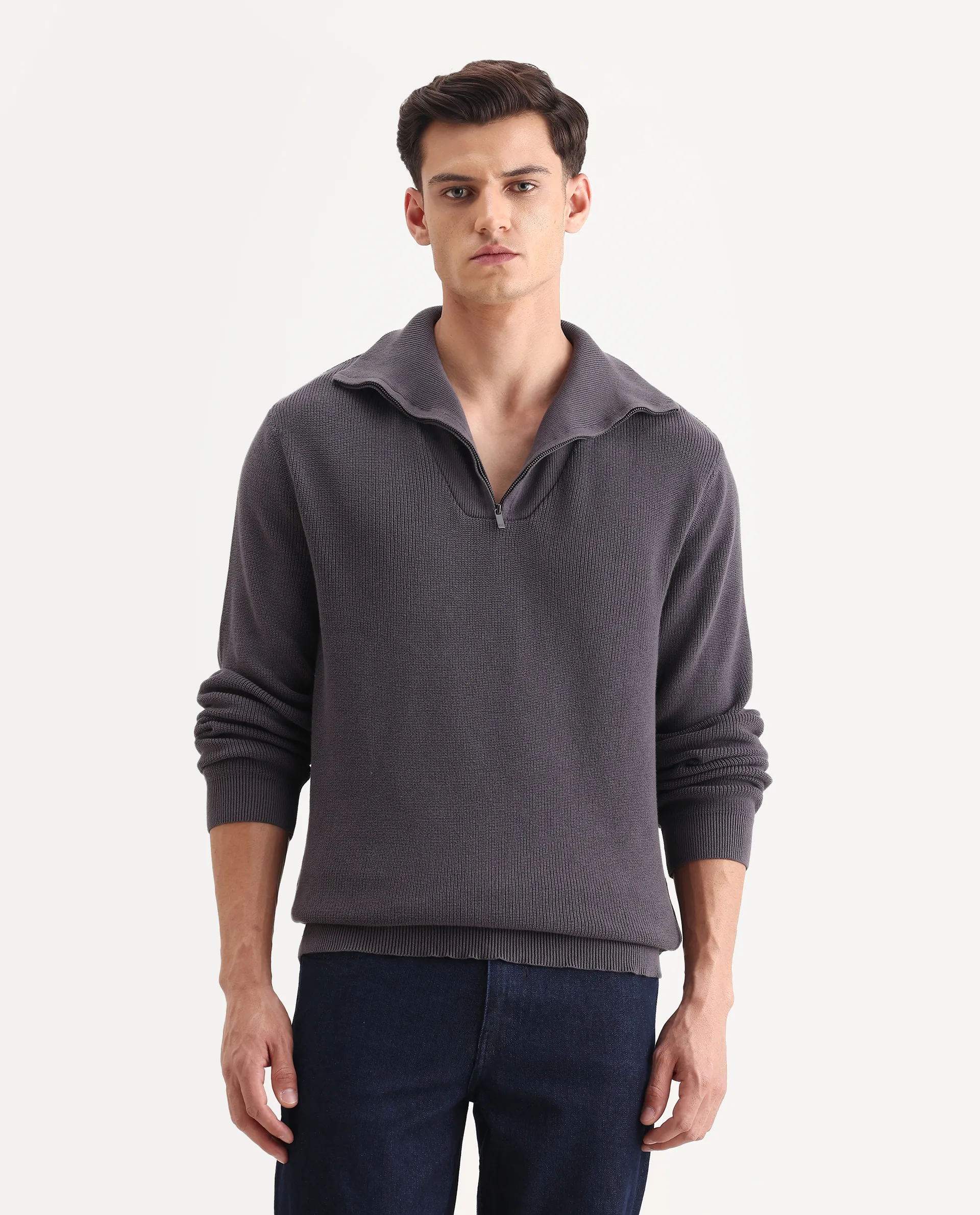 Rare Rabbit Men's Laz Grey Cotton Plain Regular Fit Full Sleeve High Neck Sweater - Image 4