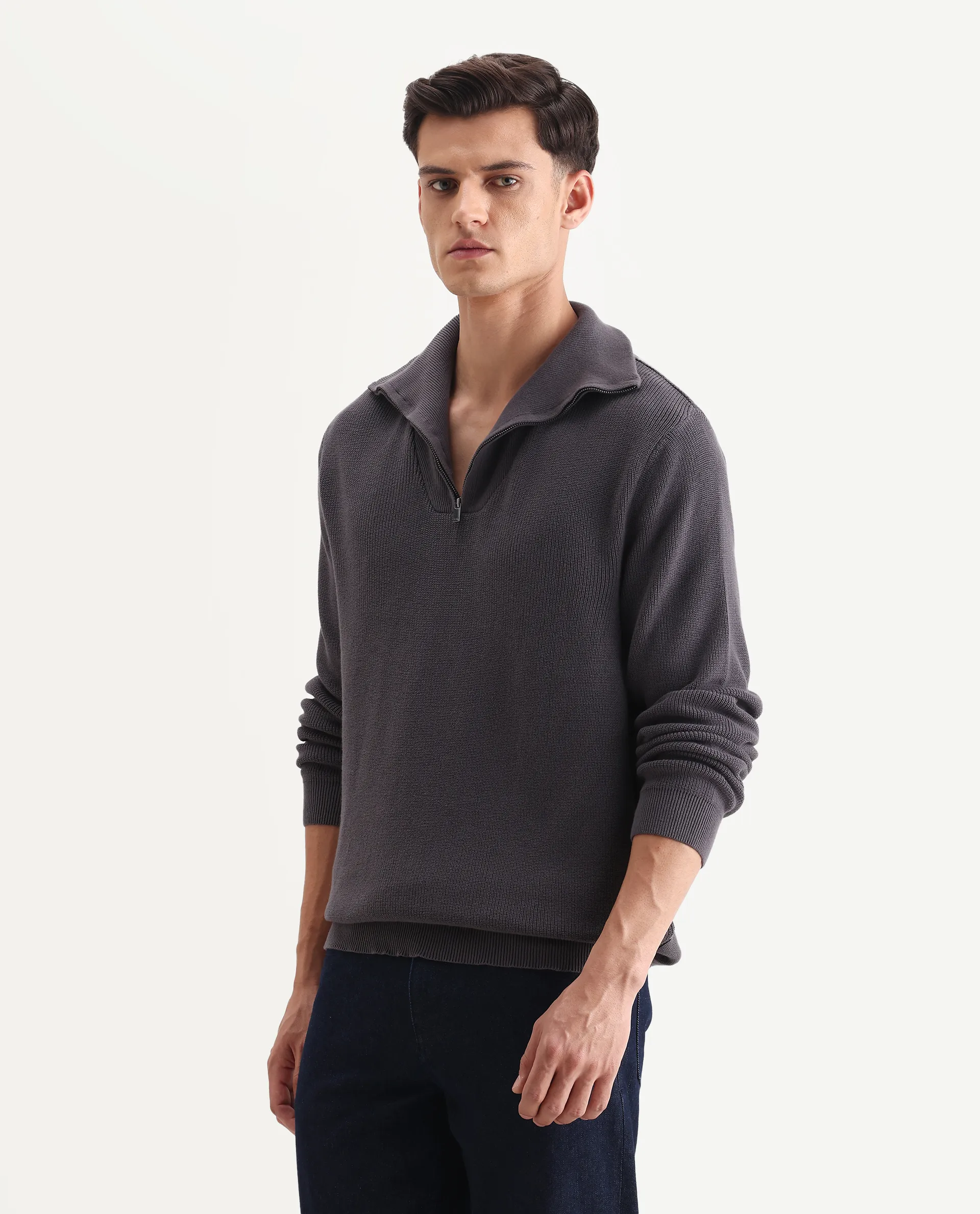 Rare Rabbit Men's Laz Grey Cotton Plain Regular Fit Full Sleeve High Neck Sweater - Image 5