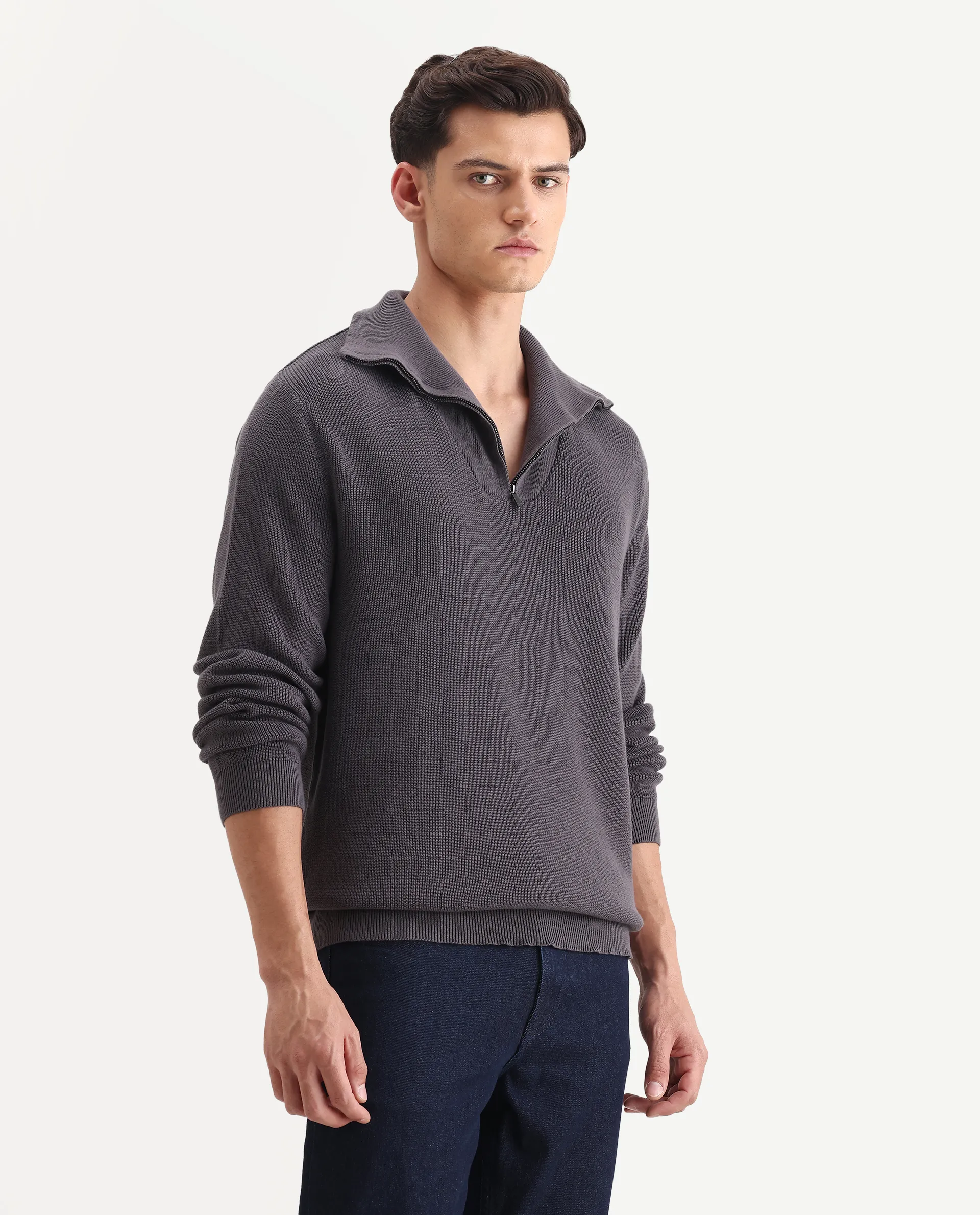 Rare Rabbit Men's Laz Grey Cotton Plain Regular Fit Full Sleeve High Neck Sweater - Image 6
