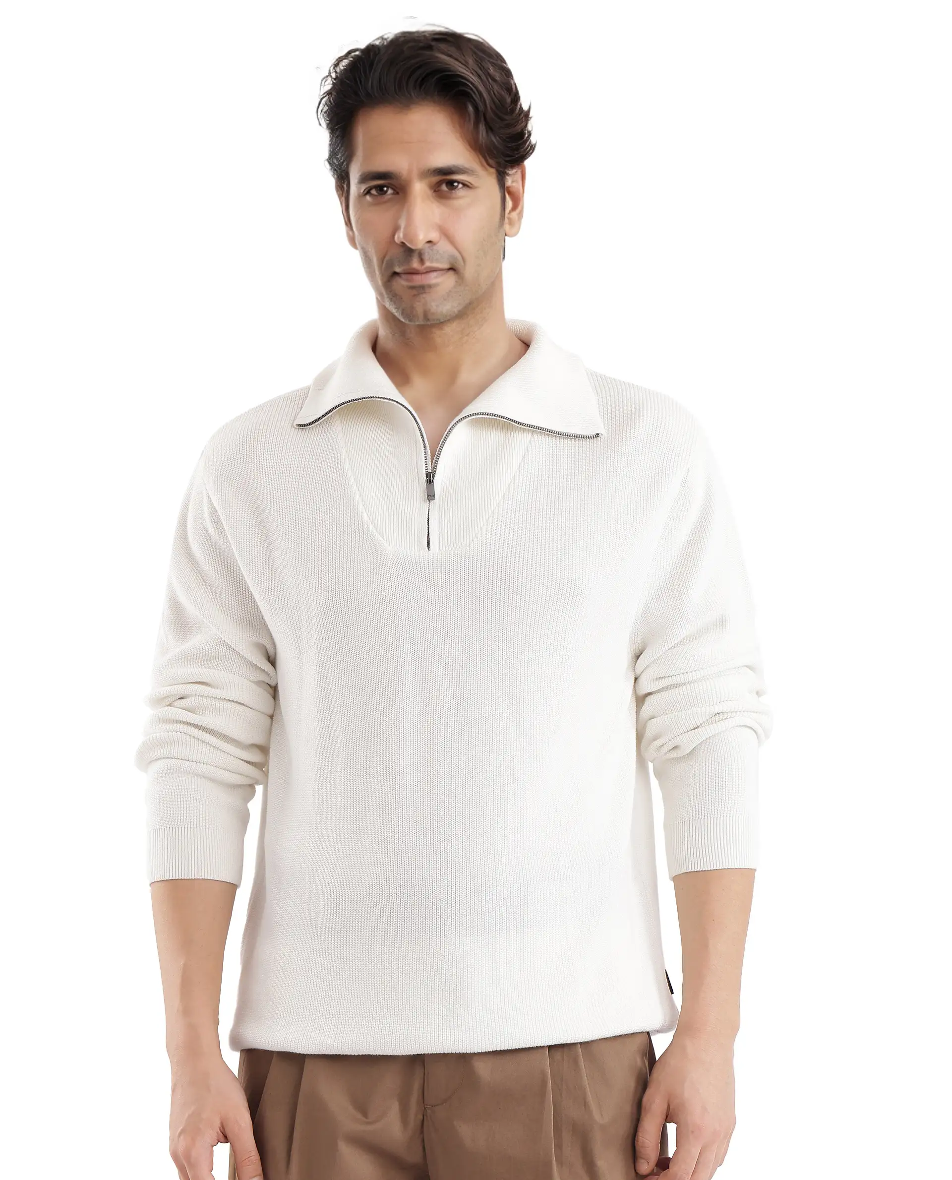 Rare Rabbit Men's Laz Off White Cotton Blend Plain Regular Fit Full Sleeve High Neck Sweater