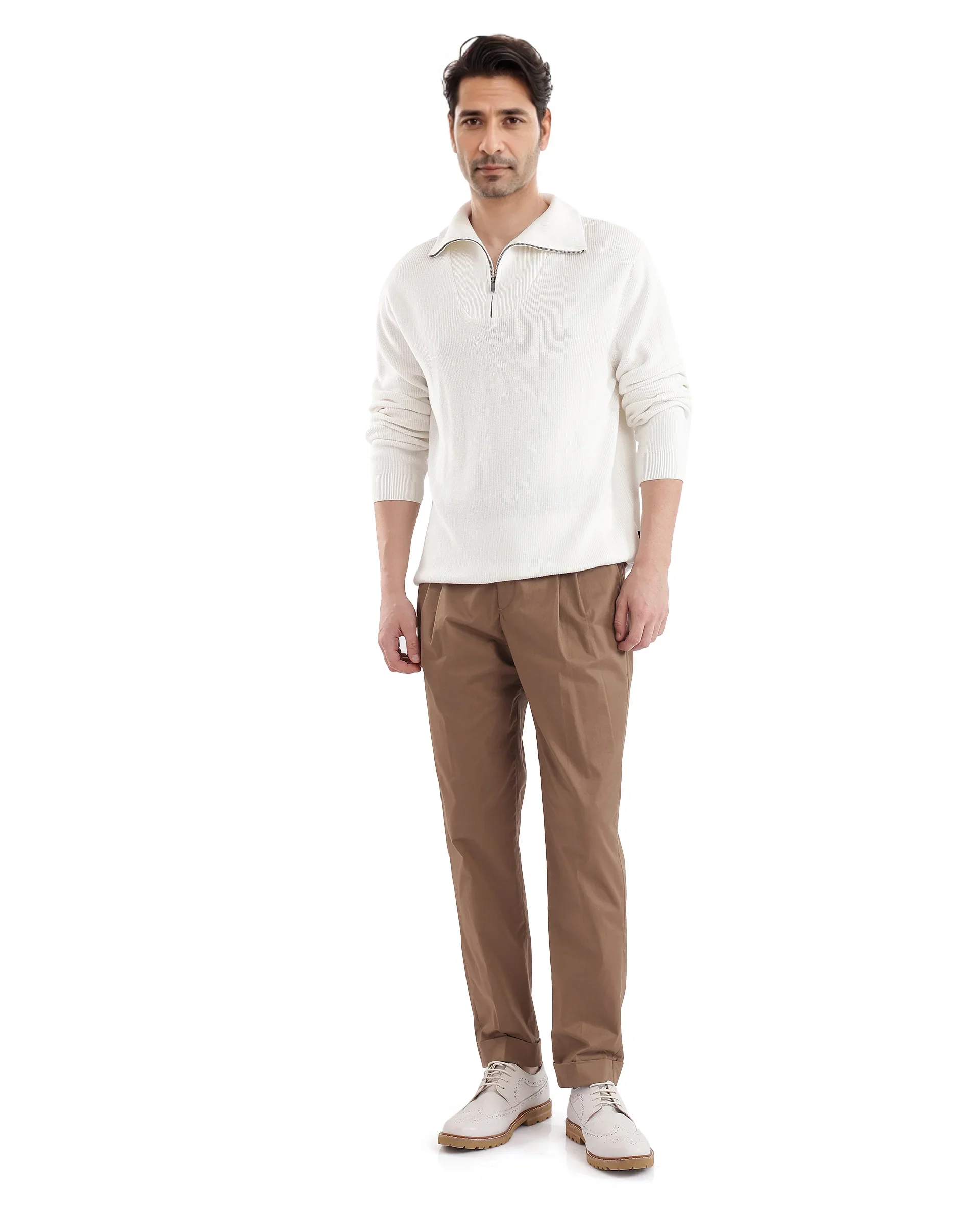 Rare Rabbit Men's Laz Off White Cotton Blend Plain Regular Fit Full Sleeve High Neck Sweater - Image 2