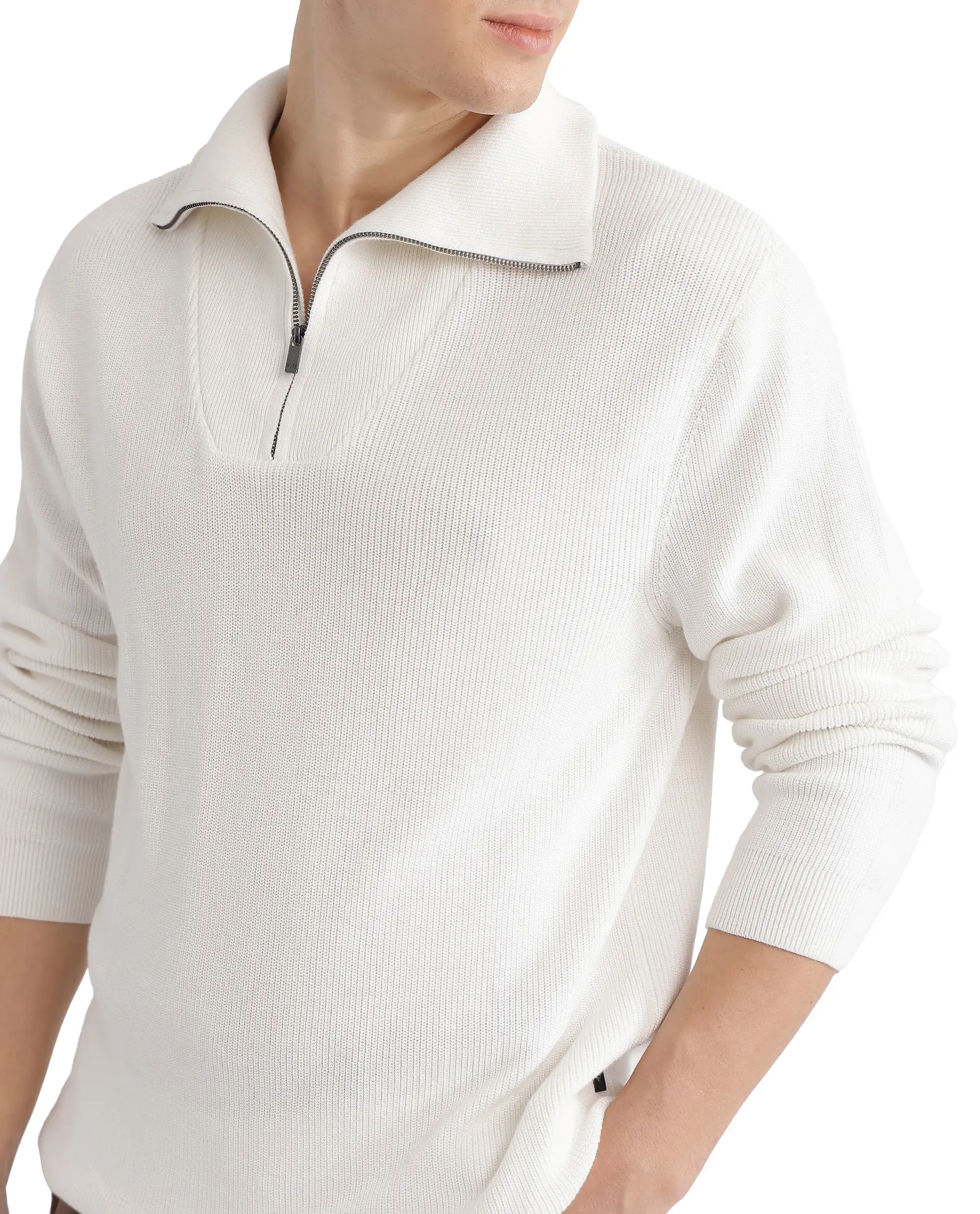 Rare Rabbit Men's Laz Off White Cotton Blend Plain Regular Fit Full Sleeve High Neck Sweater - Image 3