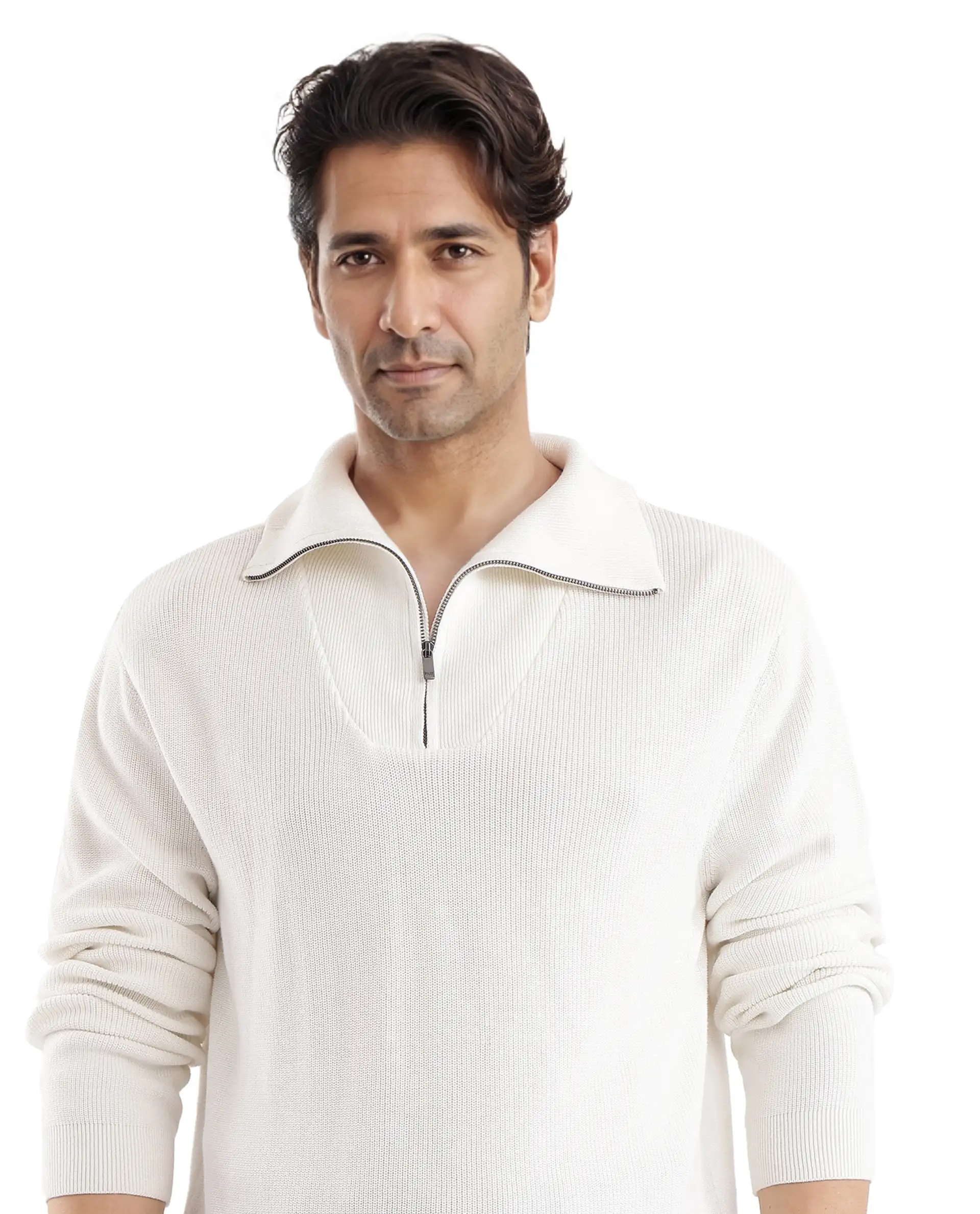 Rare Rabbit Men's Laz Off White Cotton Blend Plain Regular Fit Full Sleeve High Neck Sweater - Image 5