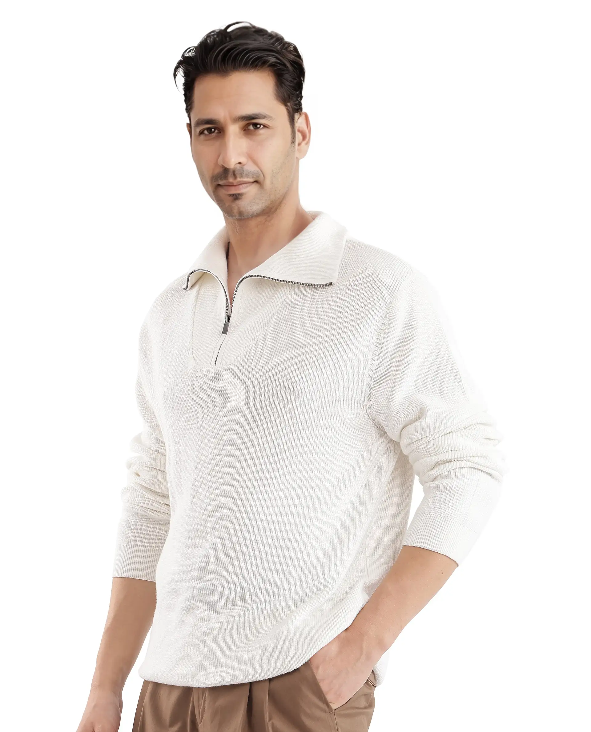 Rare Rabbit Men's Laz Off White Cotton Blend Plain Regular Fit Full Sleeve High Neck Sweater - Image 6