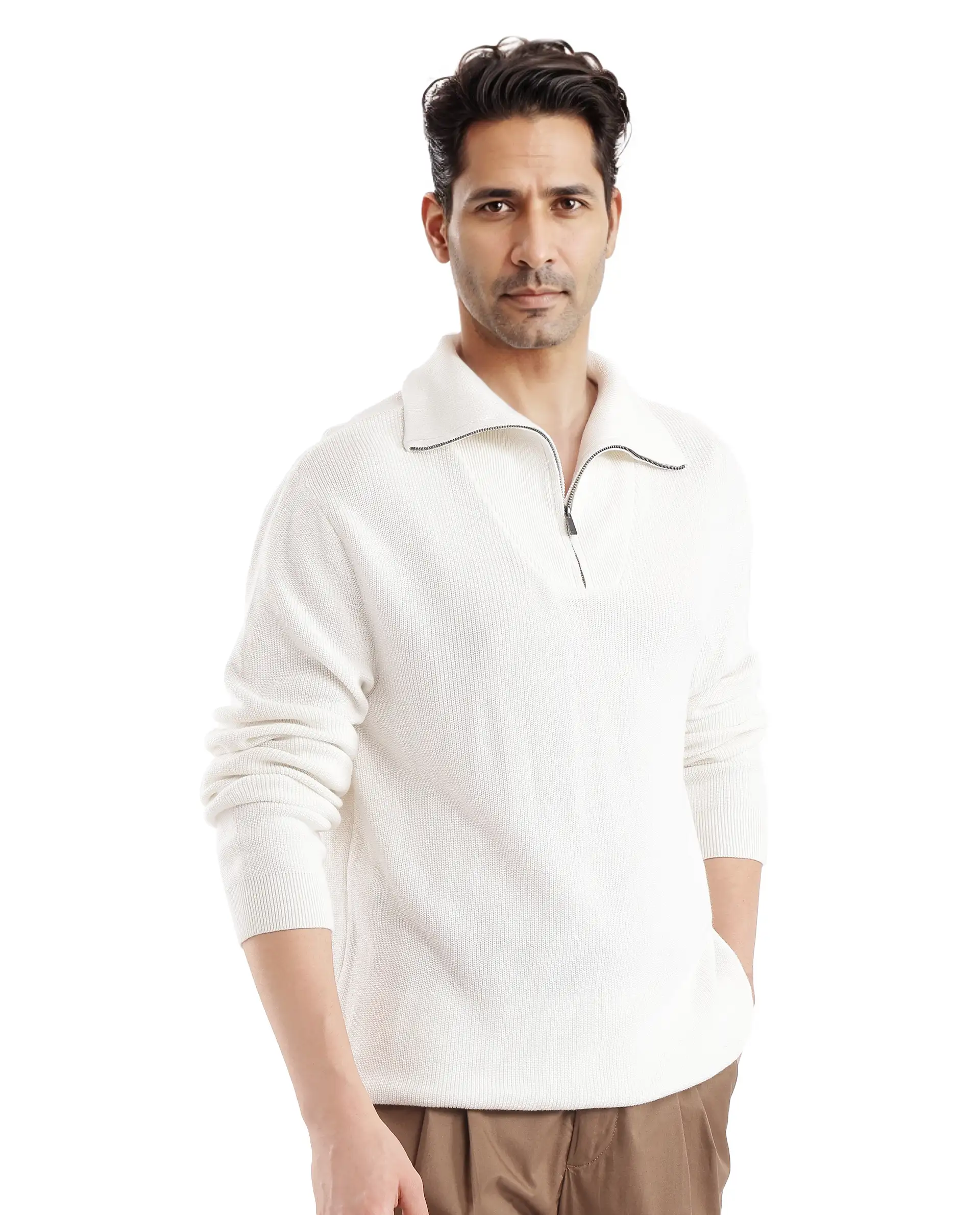 Rare Rabbit Men's Laz Off White Cotton Blend Plain Regular Fit Full Sleeve High Neck Sweater - Image 7