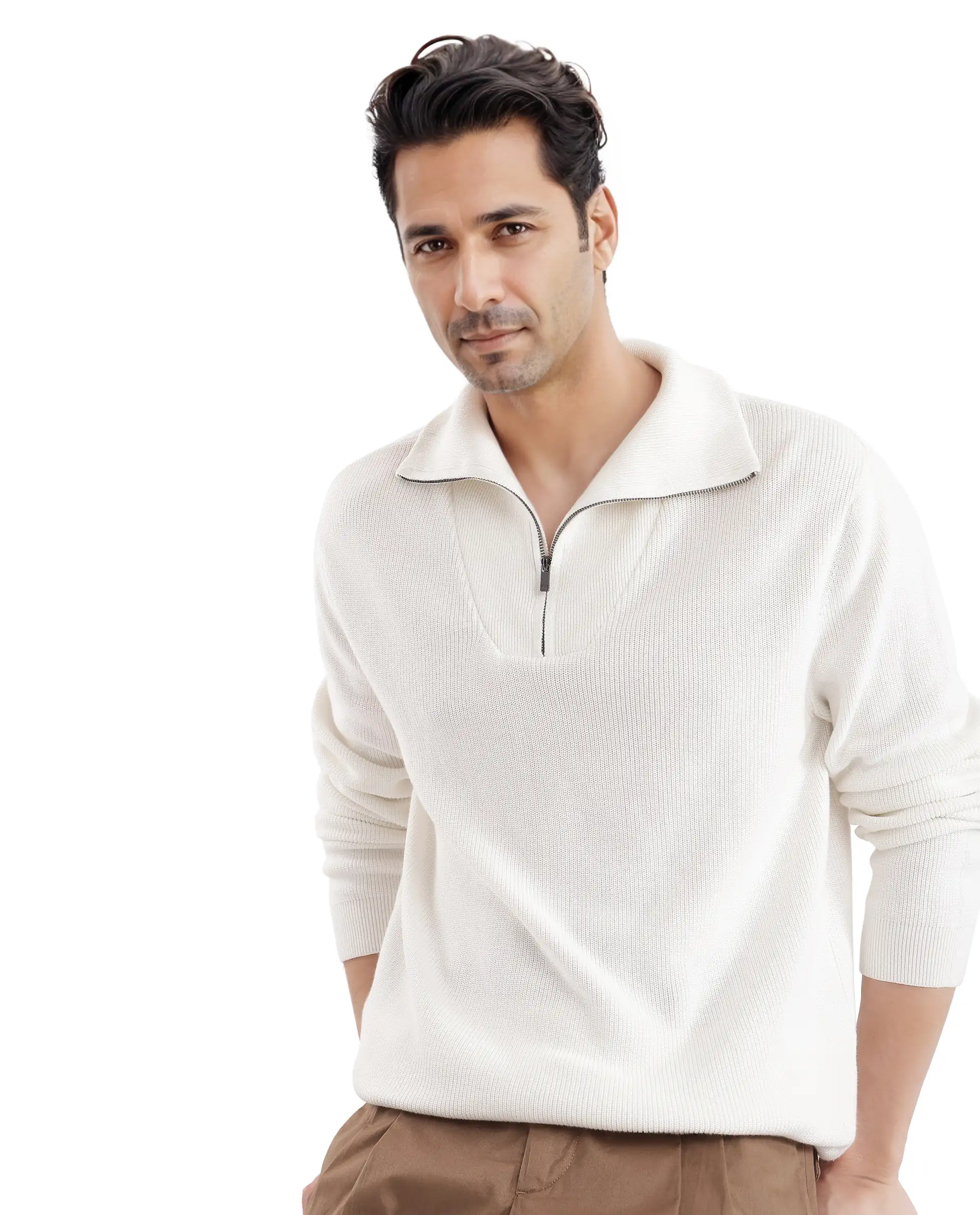 Rare Rabbit Men's Laz Off White Cotton Blend Plain Regular Fit Full Sleeve High Neck Sweater - Image 9