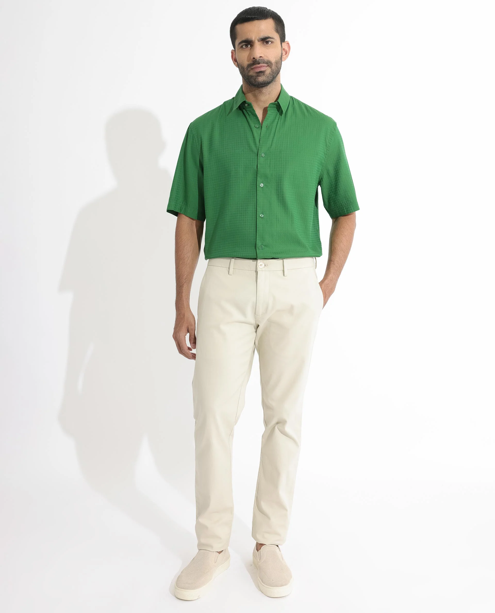 Rare Rabbit Men's Lazio Green Cotton Checked Print Regular Fit Half Sleeve Collared Shirt - Image 2