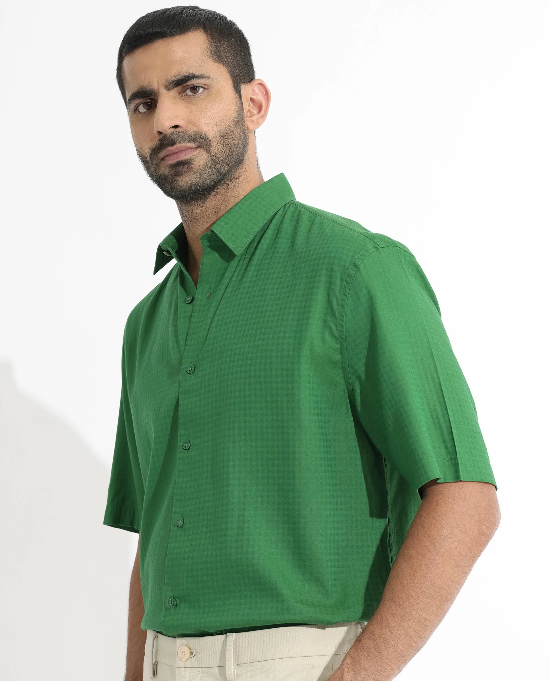 Rare Rabbit Men's Lazio Green Cotton Checked Print Regular Fit Half Sleeve Collared Shirt - Image 3