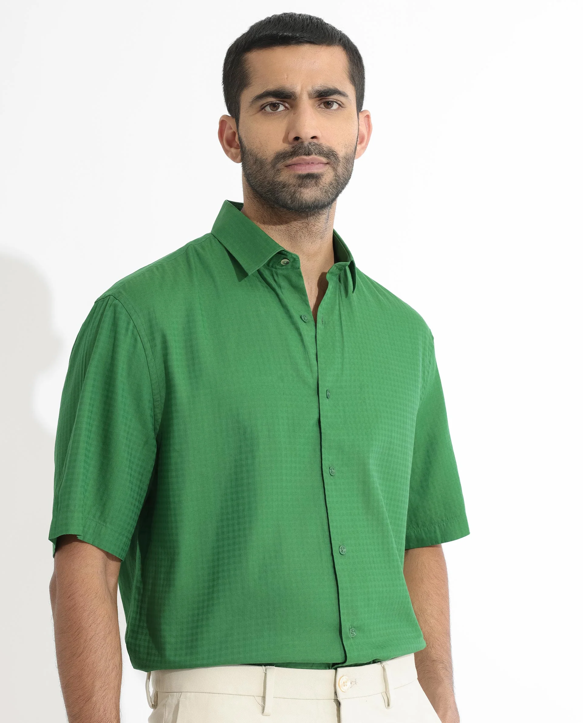 Rare Rabbit Men's Lazio Green Cotton Checked Print Regular Fit Half Sleeve Collared Shirt - Image 6