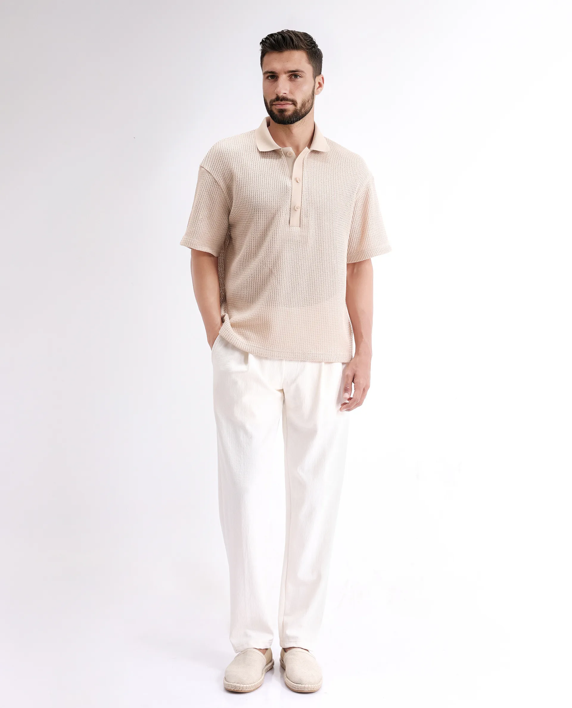 Rare Rabbit Men's Lbiza Beige Cotton Plain Regular Fit Half Sleeve Collared Shirt - Image 2